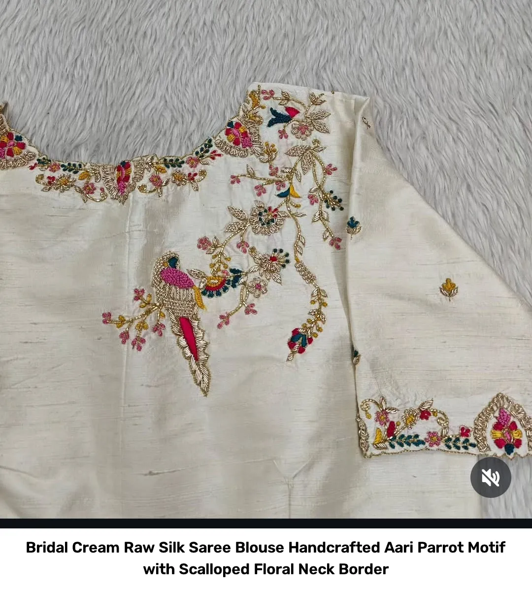 Bridal Cream Raw Silk Saree Blouse – Handcrafted Aari Parrot Motif with Scalloped Floral Neck Border 2