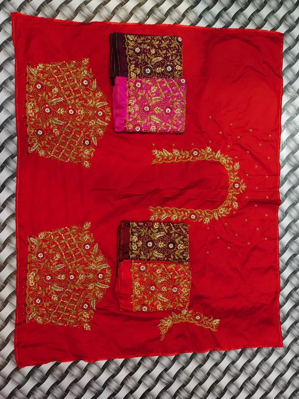 Bridal Crimson Red Maggam Work Blouse Piece – Traditional Gold Zardozi Handcrafted Fabric at Wholesale Rate