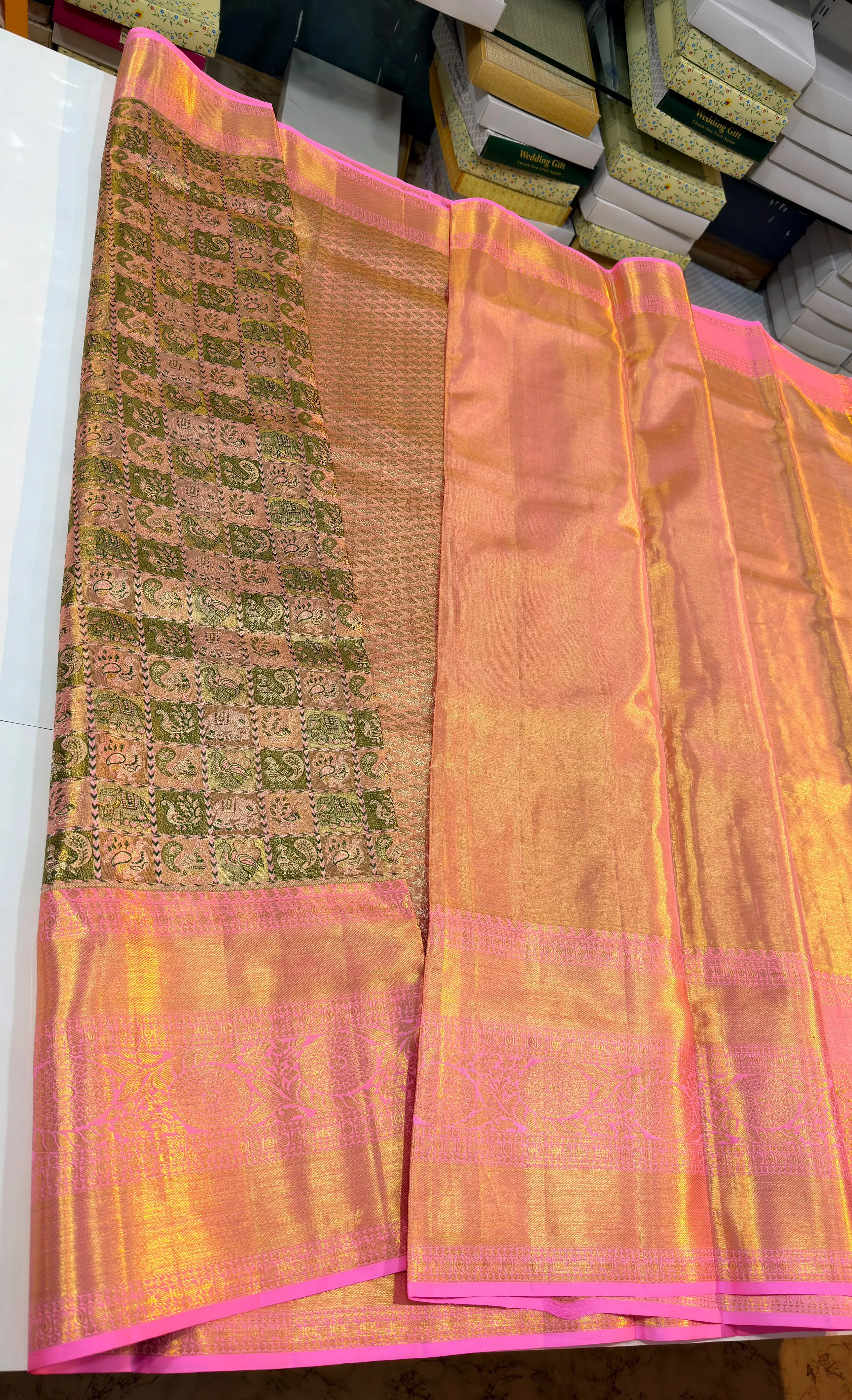 Bridal Gold Tissue Kanchi Pattu Saree with Multi-Color Elephant & Peacock Check Pallu