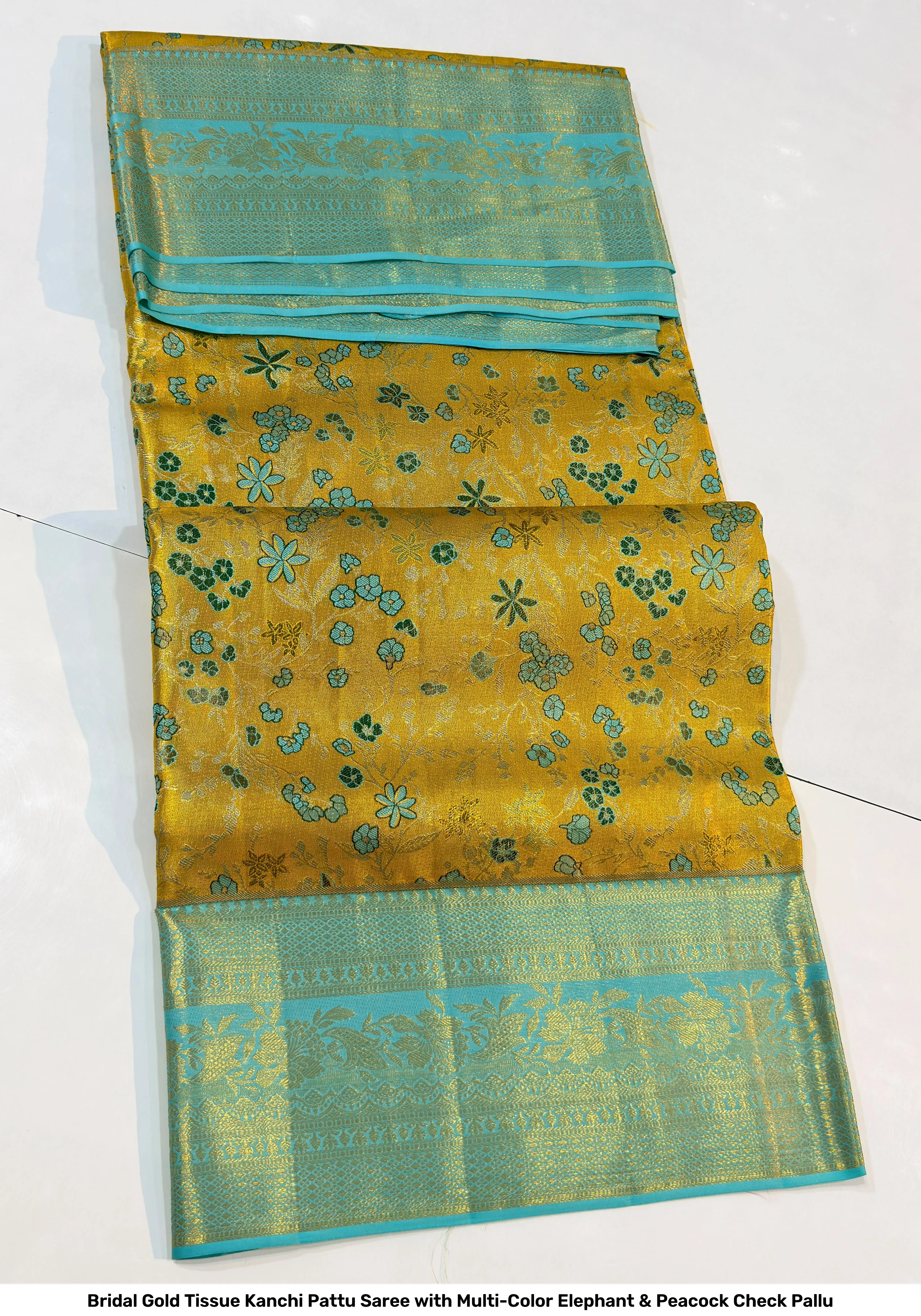Bridal Gold Tissue Kanchi Pattu Saree with Multi-Color Elephant & Peacock Check Pallu 10