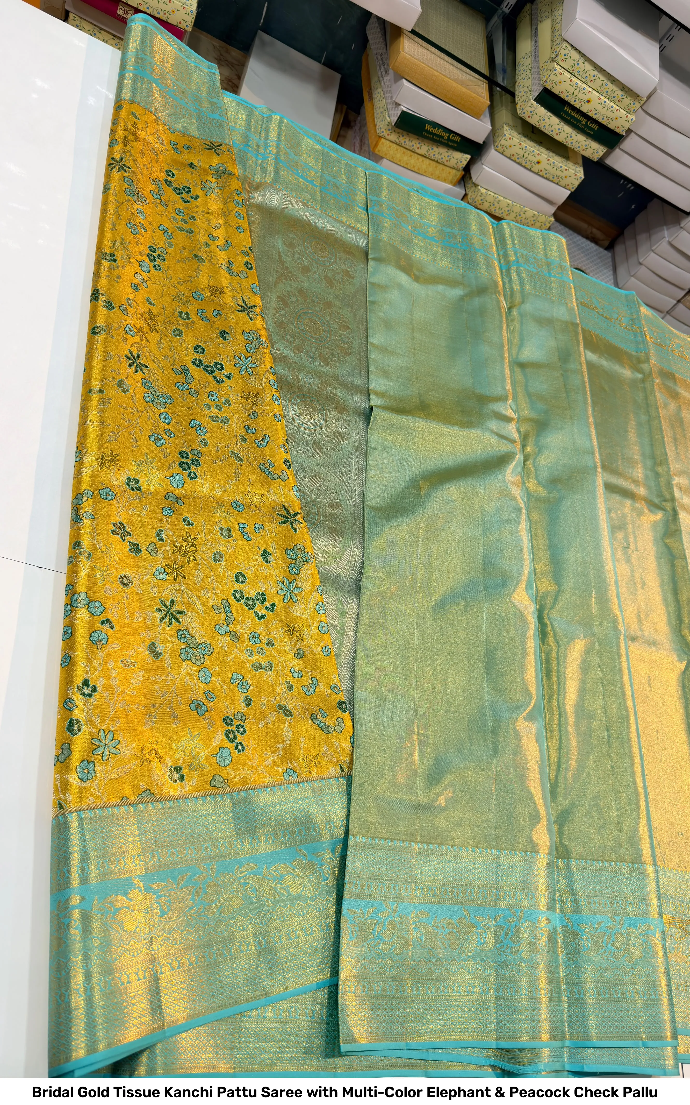Bridal Gold Tissue Kanchi Pattu Saree with Multi-Color Elephant & Peacock Check Pallu 11