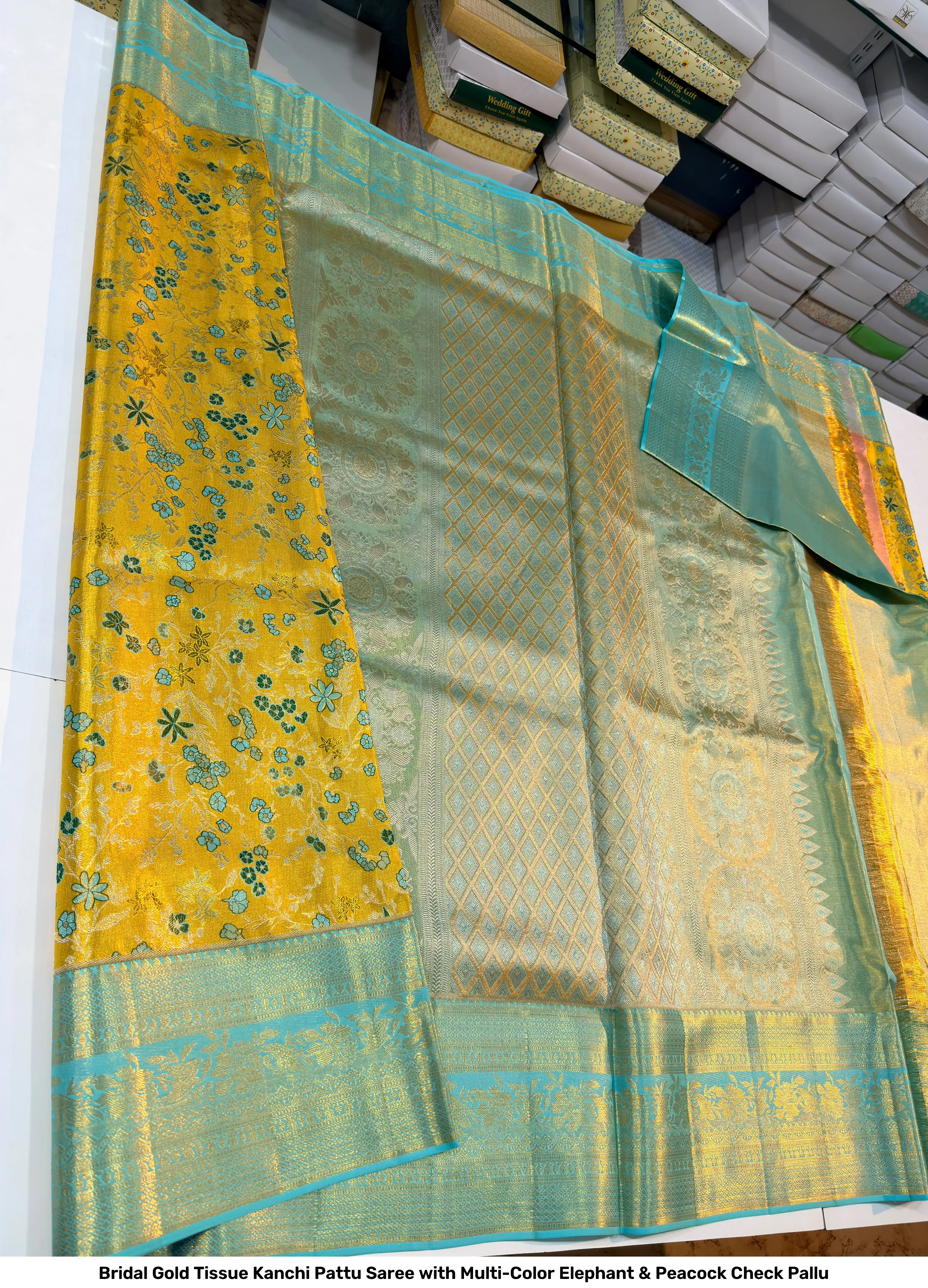 Bridal Gold Tissue Kanchi Pattu Saree with Multi-Color Elephant & Peacock Check Pallu 2