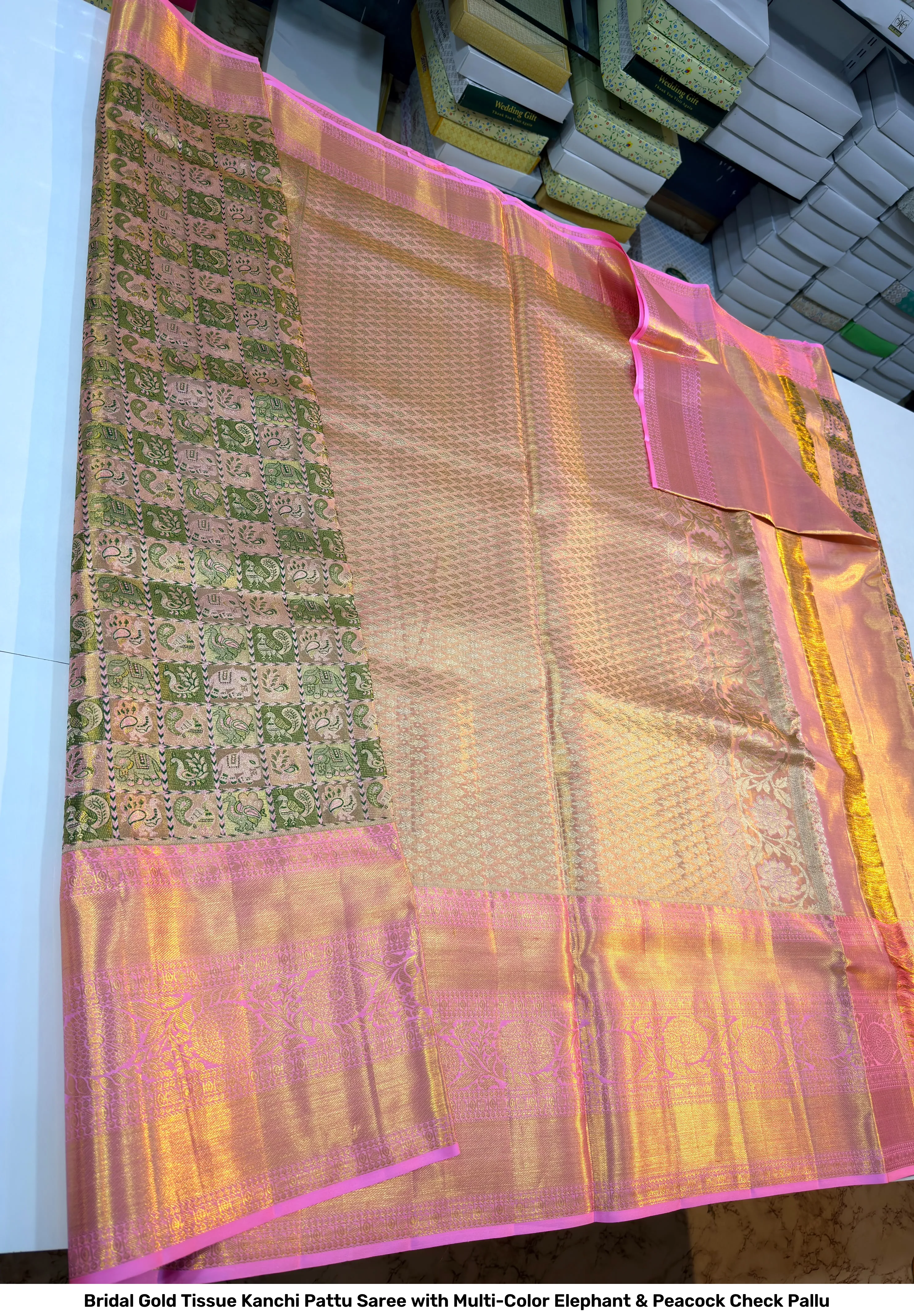Bridal Gold Tissue Kanchi Pattu Saree with Multi-Color Elephant & Peacock Check Pallu 3