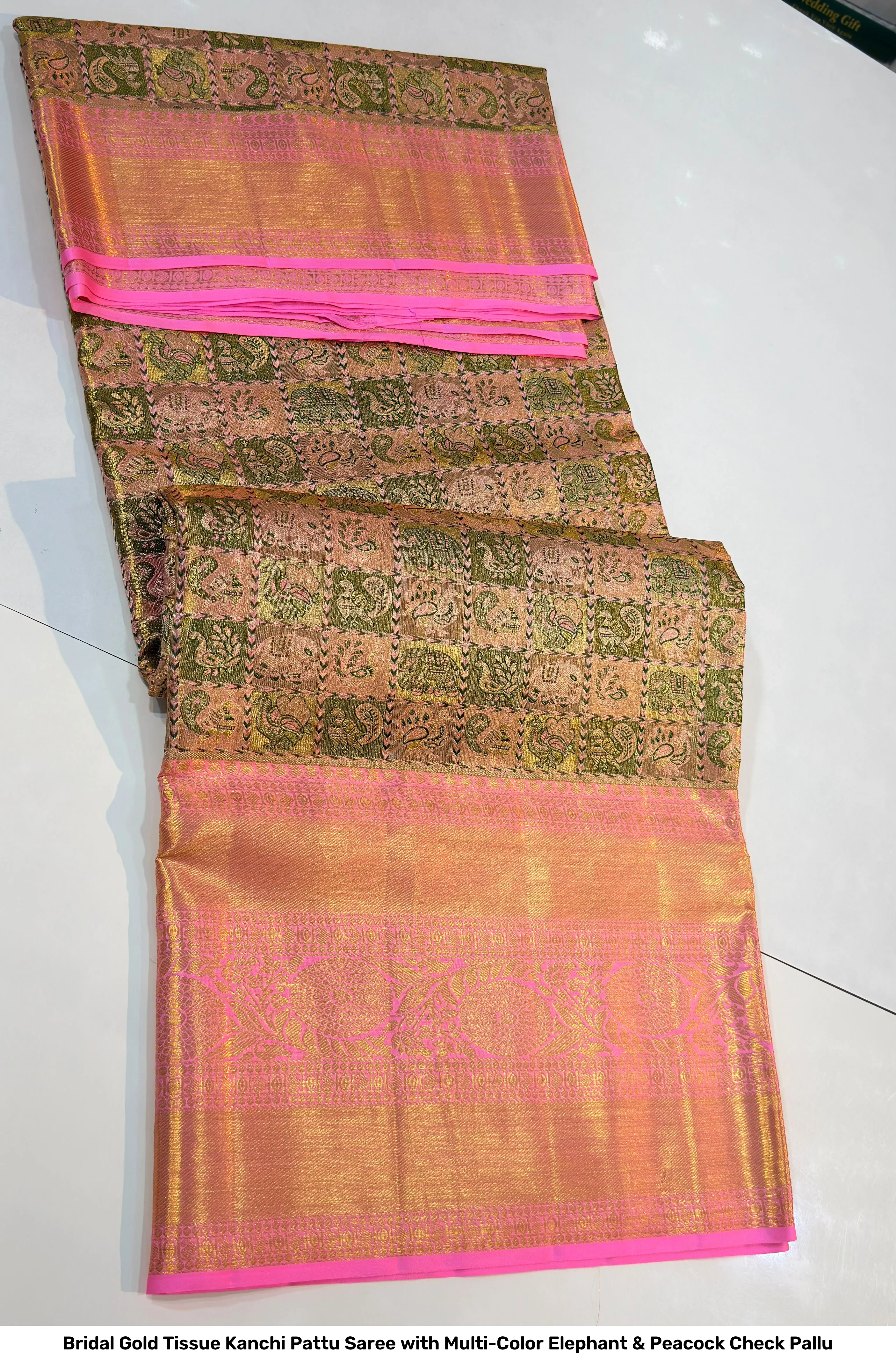 Bridal Gold Tissue Kanchi Pattu Saree with Multi-Color Elephant & Peacock Check Pallu 4