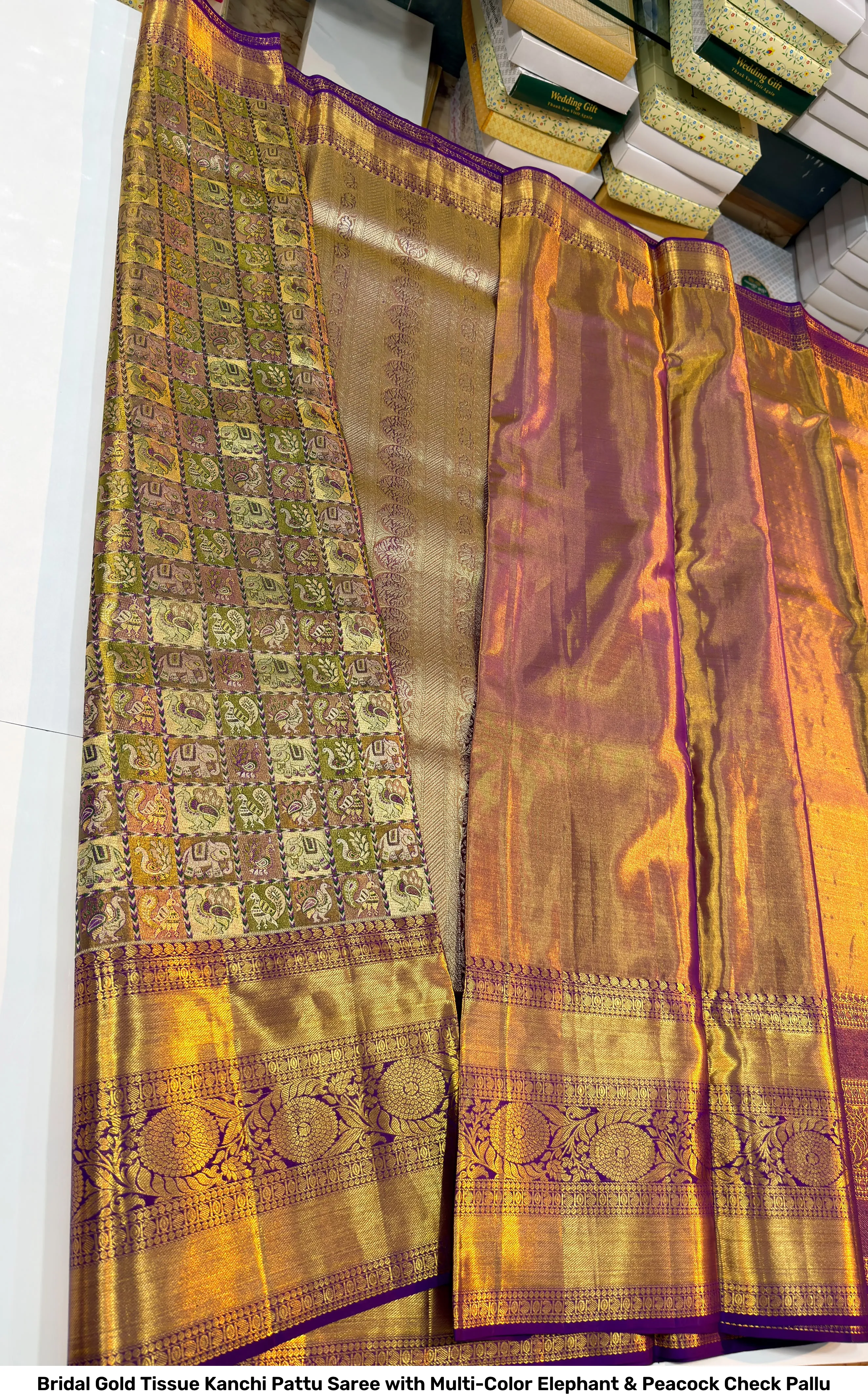 Bridal Gold Tissue Kanchi Pattu Saree with Multi-Color Elephant & Peacock Check Pallu 5