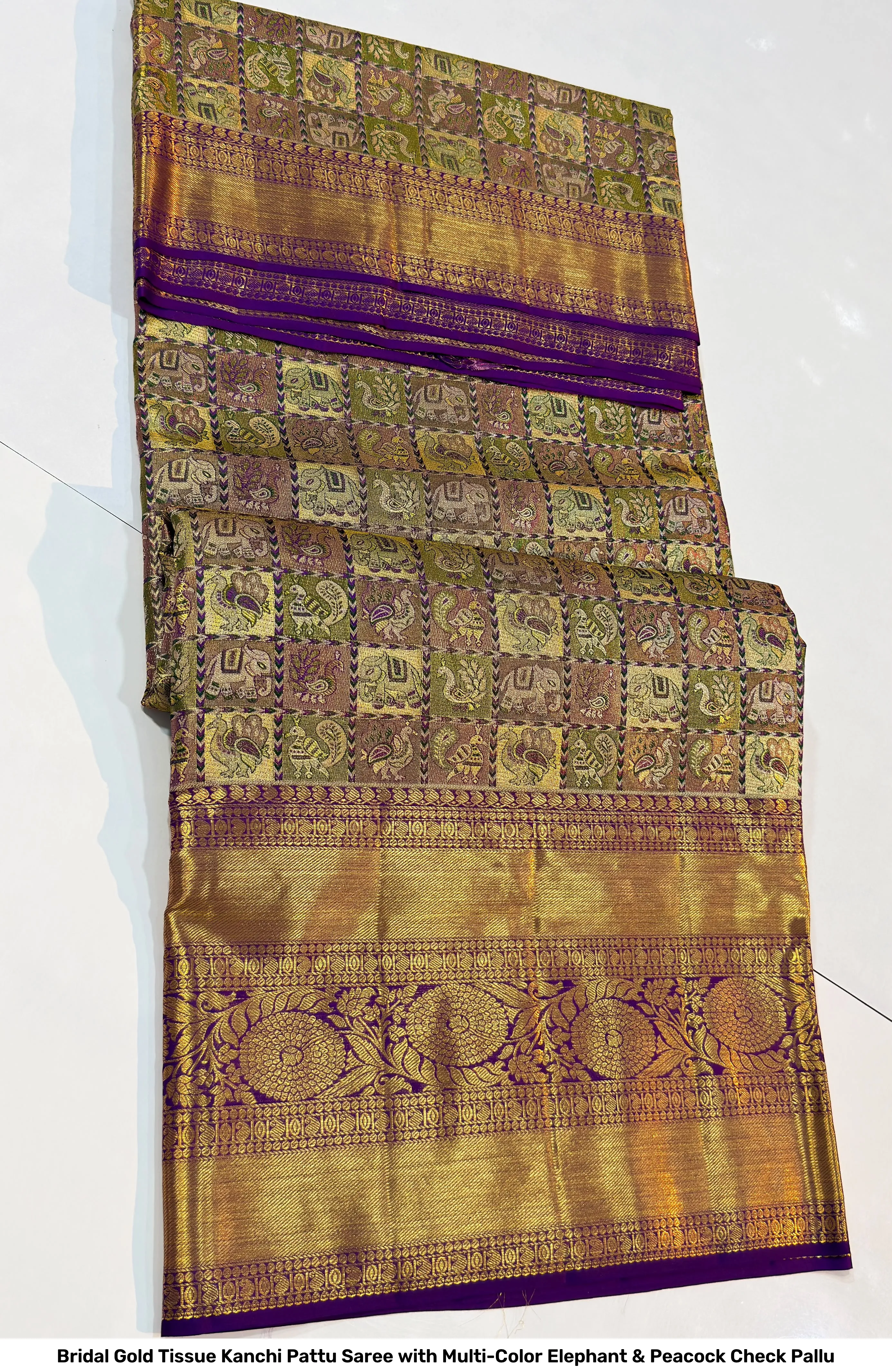 Bridal Gold Tissue Kanchi Pattu Saree with Multi-Color Elephant & Peacock Check Pallu 6