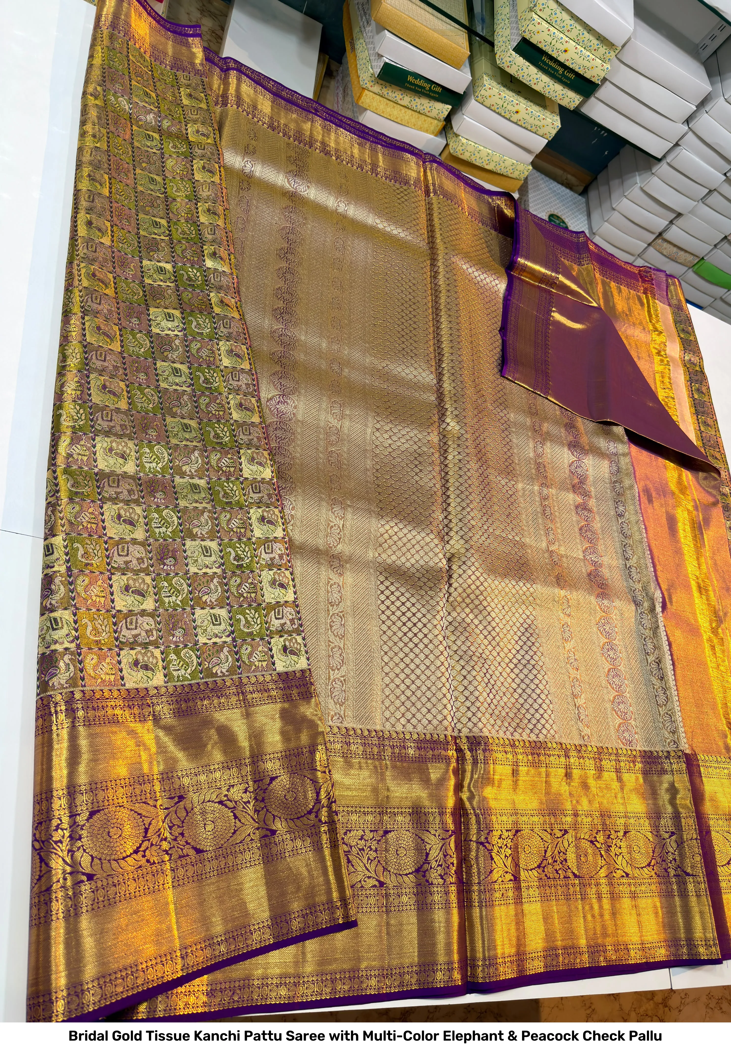 Bridal Gold Tissue Kanchi Pattu Saree with Multi-Color Elephant & Peacock Check Pallu 7