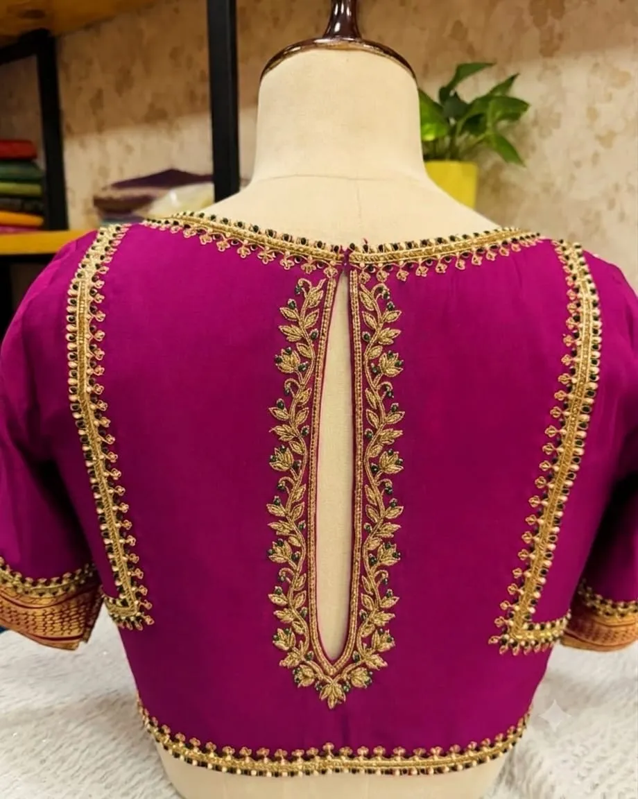 Bridal Magenta Aari Work Blouse | Gold Zardosi Leaf Border & Deep Keyhole Back Saree Blouse