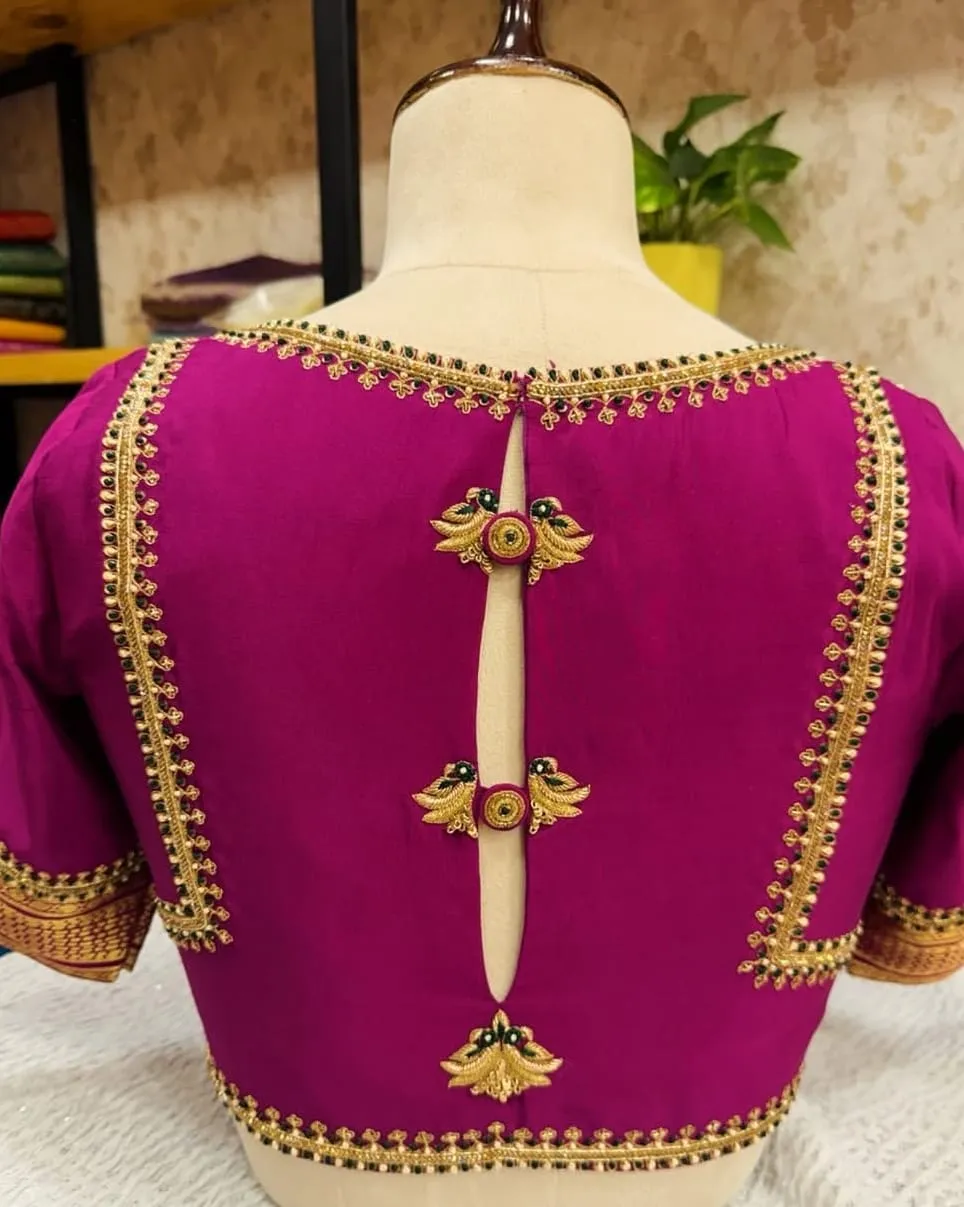 Bridal Magenta Maggam Work Blouse | Royal Zari & Stone Embroidered Silk Saree Blouse with Keyhole Back