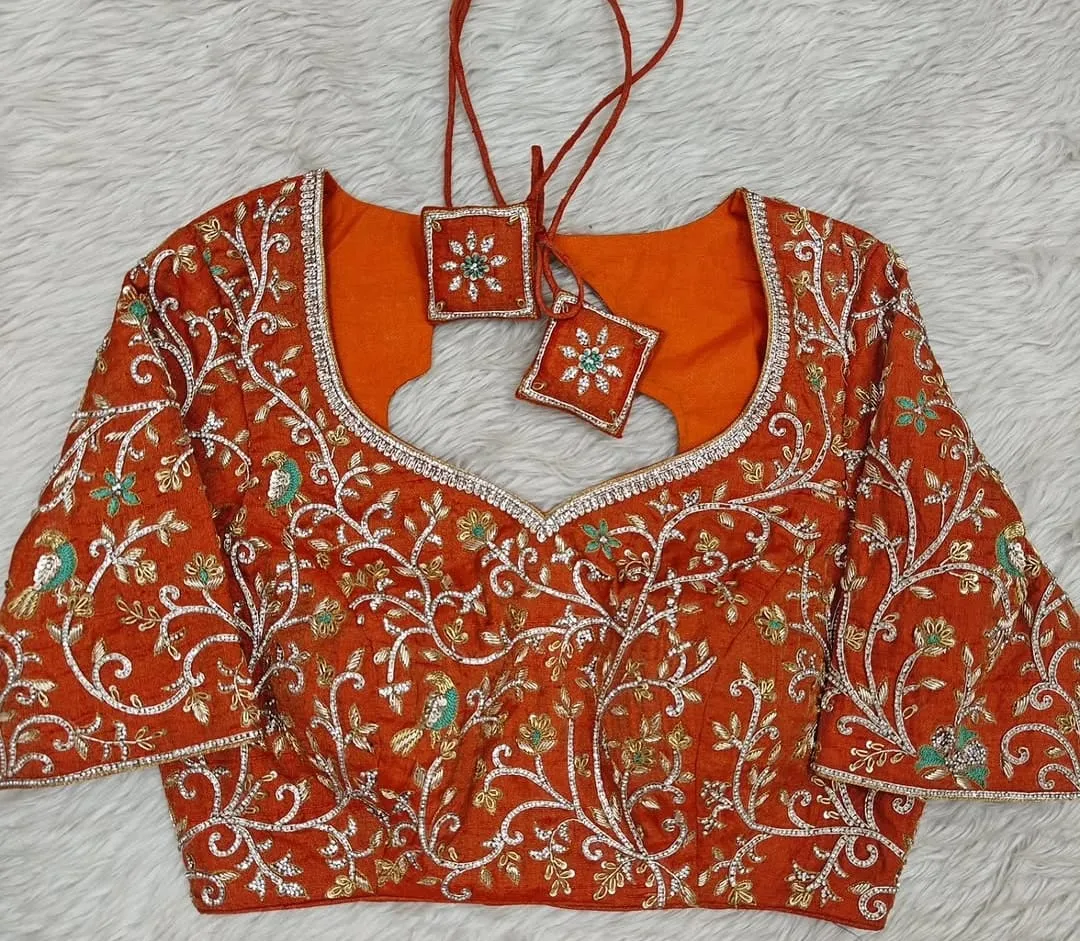Bridal Orange Silk Saree Blouse – Handcrafted Aari Parrot & Vine Embroidery with Sweetheart Neck