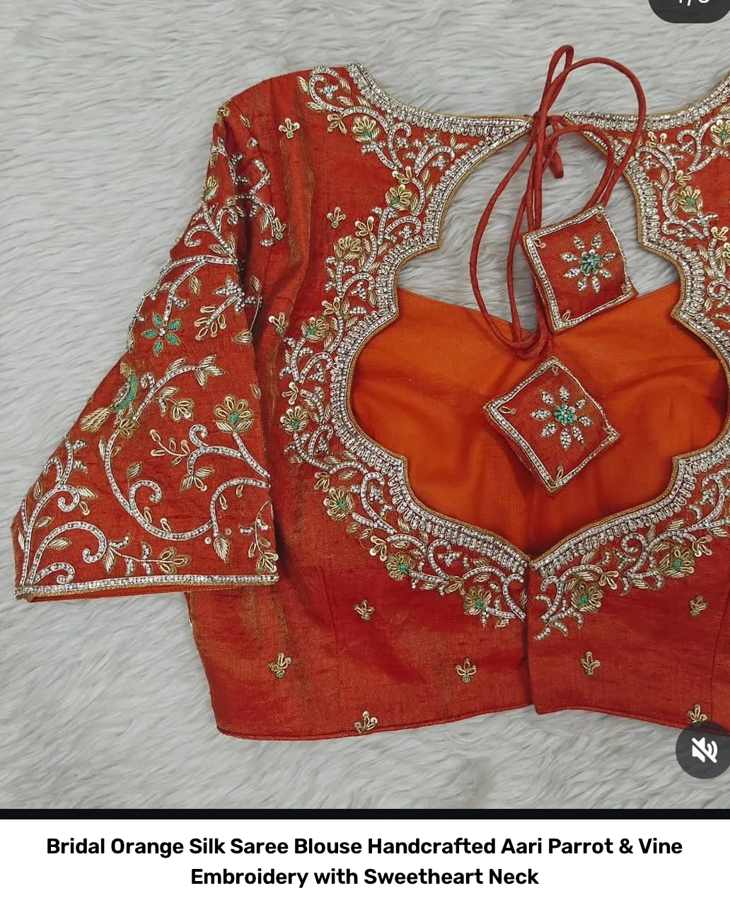 Bridal Orange Silk Saree Blouse – Handcrafted Aari Parrot & Vine Embroidery with Sweetheart Neck 2