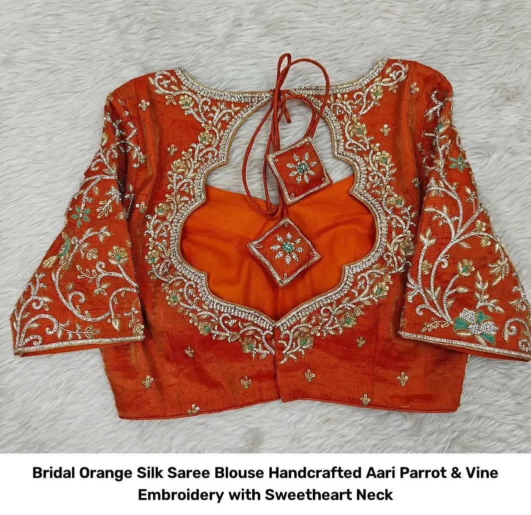 Bridal Orange Silk Saree Blouse – Handcrafted Aari Parrot & Vine Embroidery with Sweetheart Neck 3