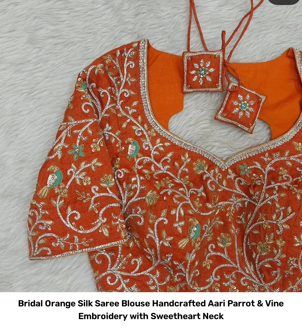 Bridal Orange Silk Saree Blouse – Handcrafted Aari Parrot & Vine Embroidery with Sweetheart Neck 4