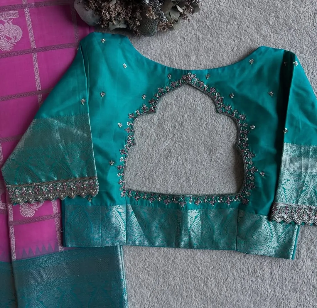 Bridal Peacock Blue Blouse with Scallop Cutout & Pearl Handwork
