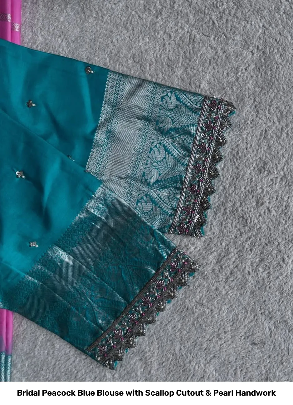 Bridal Peacock Blue Blouse with Scallop Cutout & Pearl Handwork 2