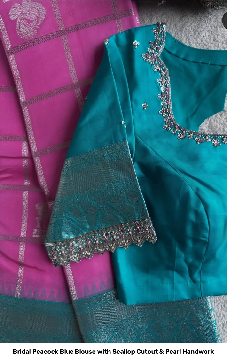 Bridal Peacock Blue Blouse with Scallop Cutout & Pearl Handwork 3