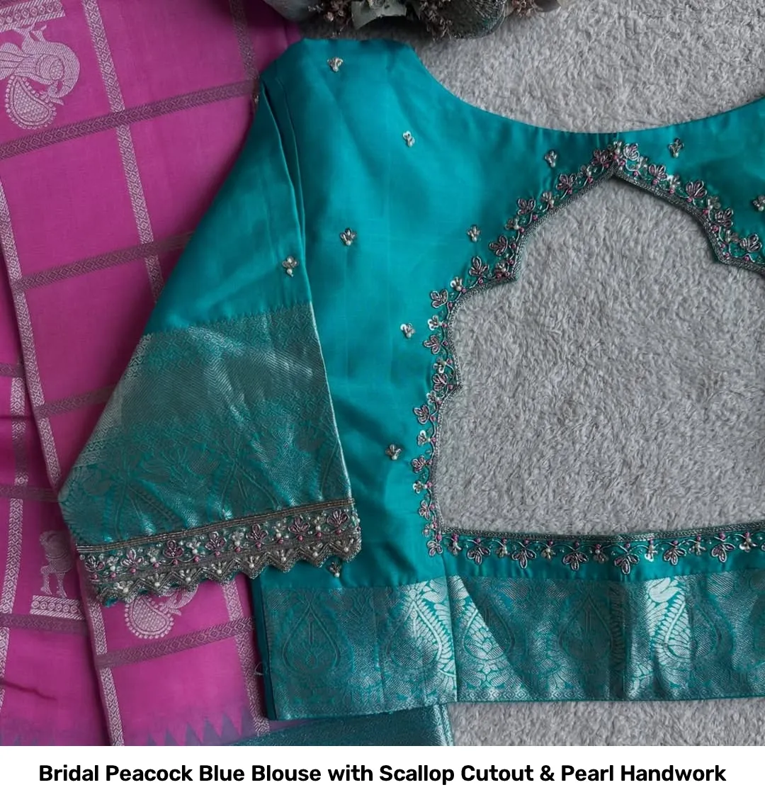 Bridal Peacock Blue Blouse with Scallop Cutout & Pearl Handwork 4
