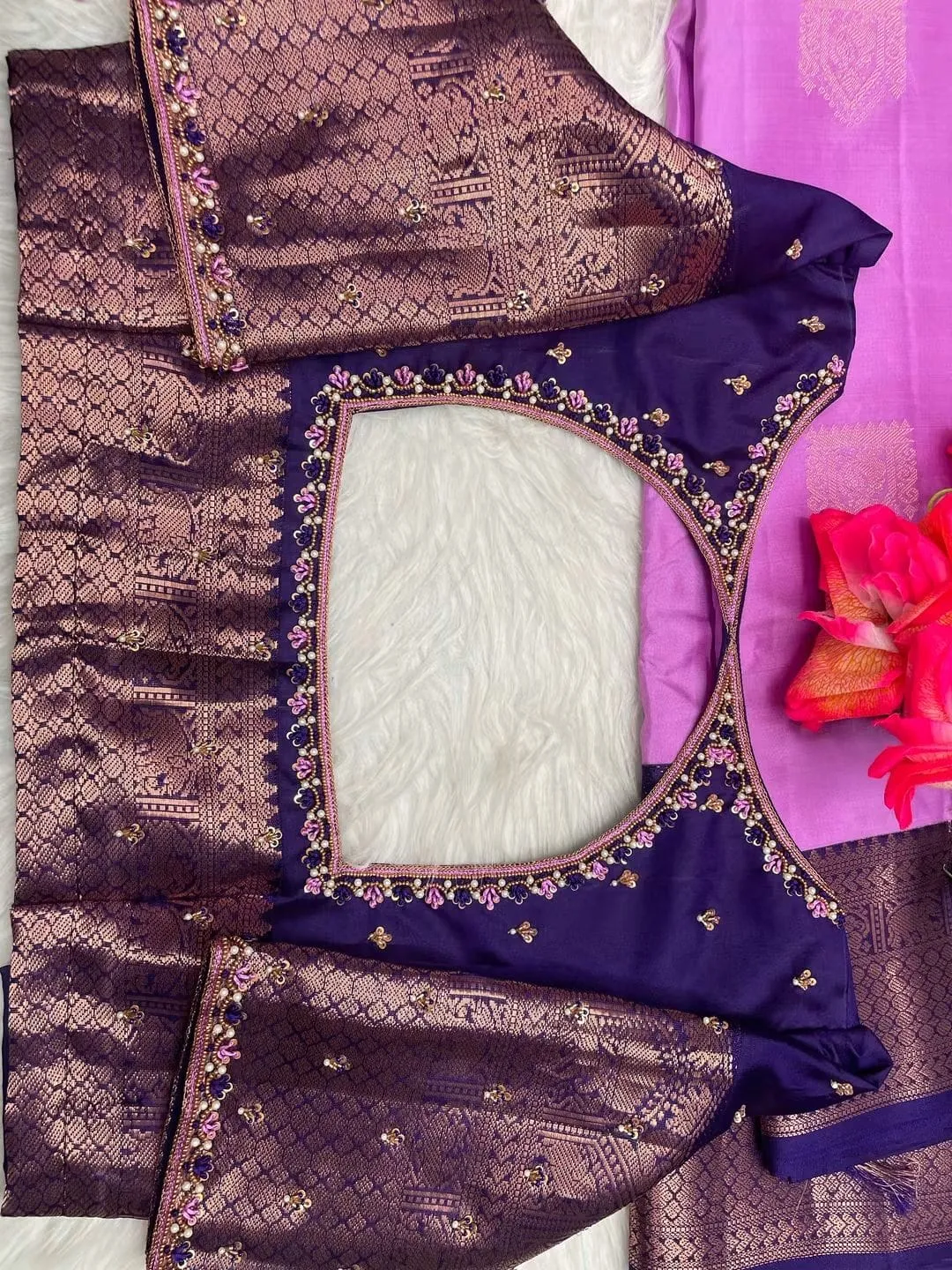 Bridal Purple Kanchi Silk Aari Embroidery Blouse Fabric – Floral Cut Neck & Heavy Zari Sleeve