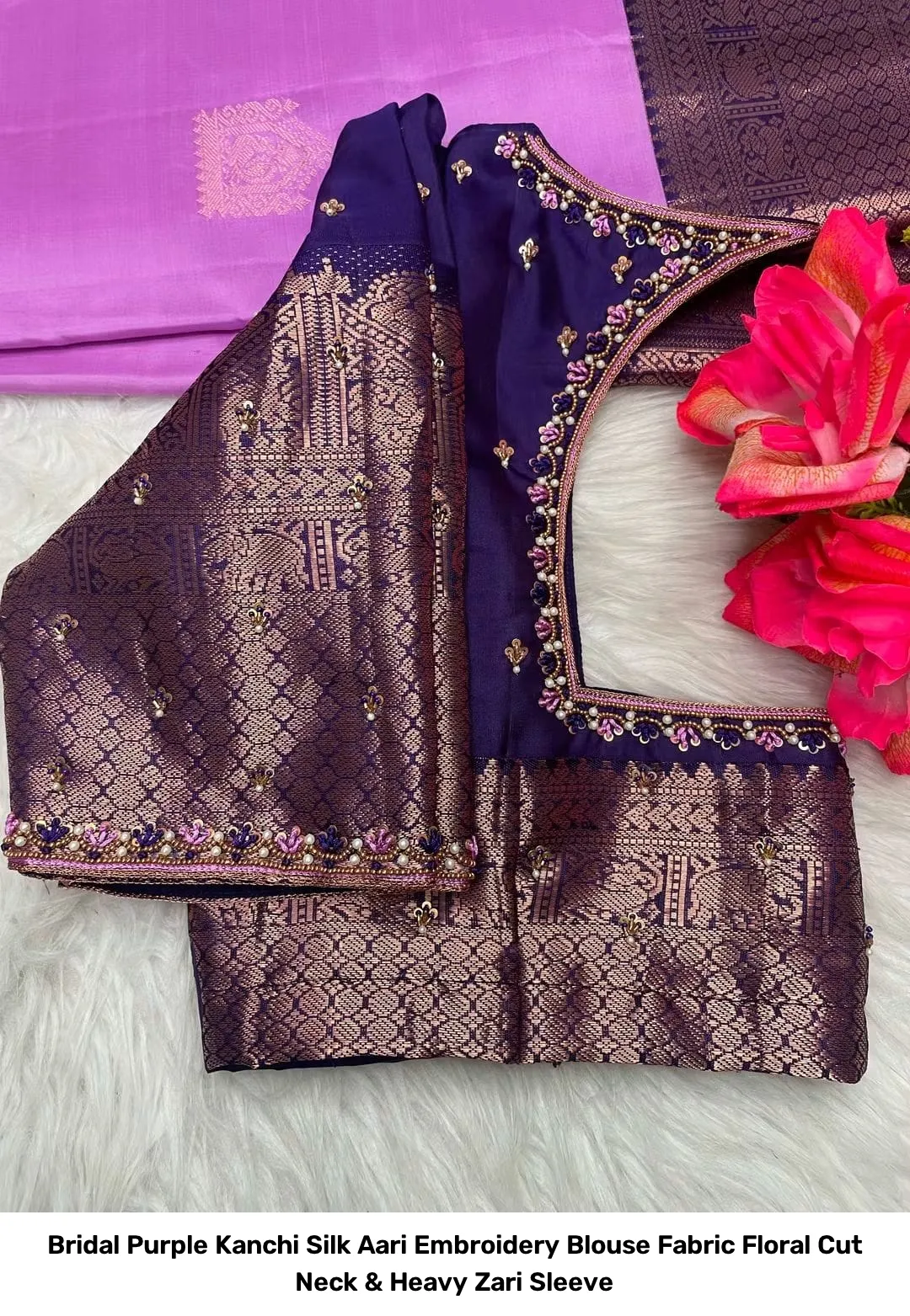 Bridal Purple Kanchi Silk Aari Embroidery Blouse Fabric – Floral Cut Neck & Heavy Zari Sleeve 2
