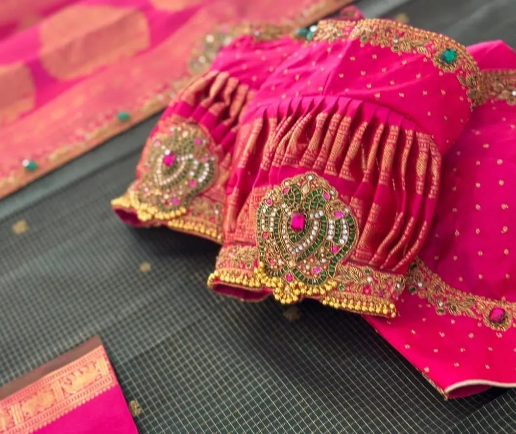 Bridal Rani Pink Raw Silk Blouse – Heavy Pleated Puff Elbow Sleeves with Kundan Stone Maggam Work & Keyhole Back