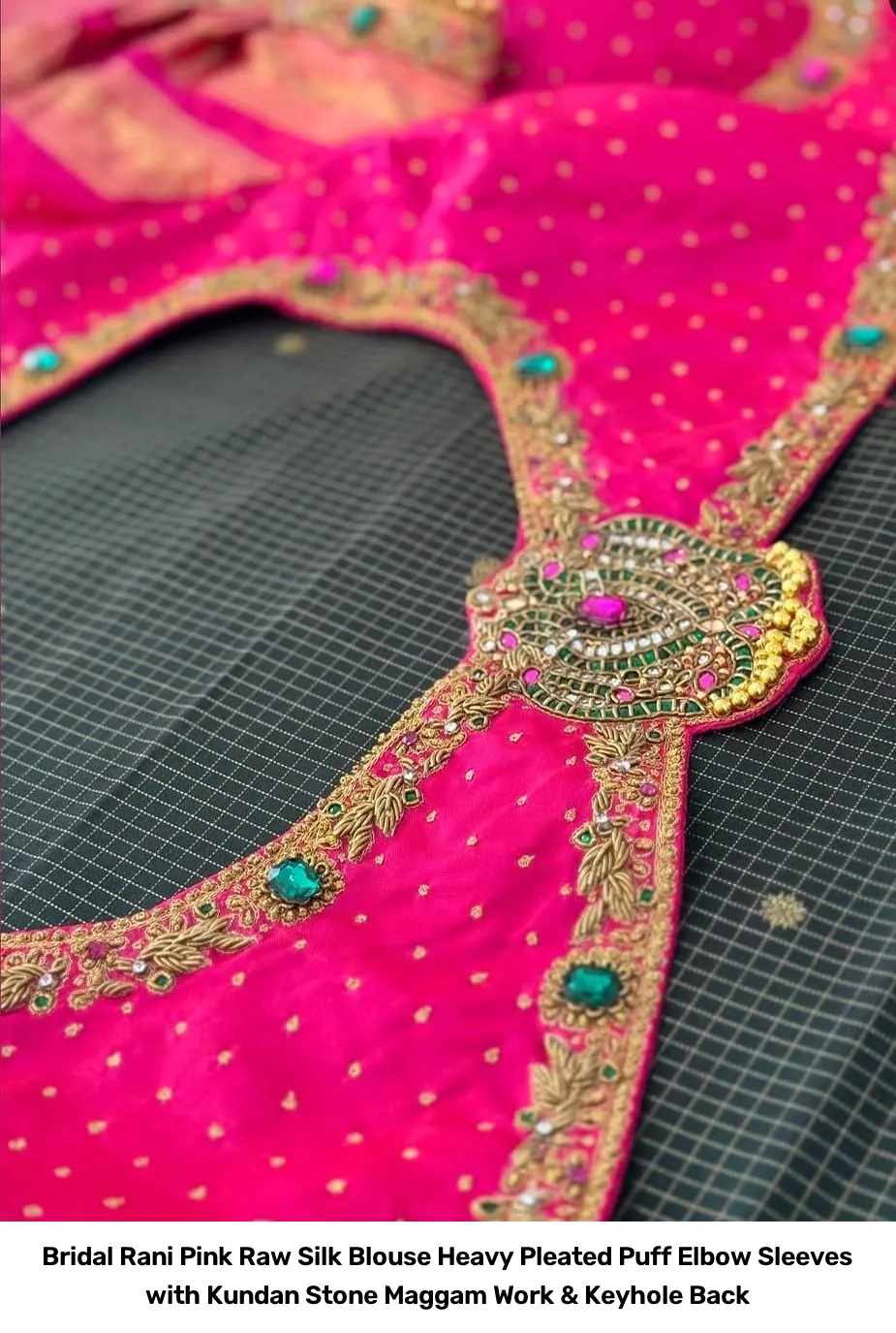 Bridal Rani Pink Raw Silk Blouse – Heavy Pleated Puff Elbow Sleeves with Kundan Stone Maggam Work & Keyhole Back 2