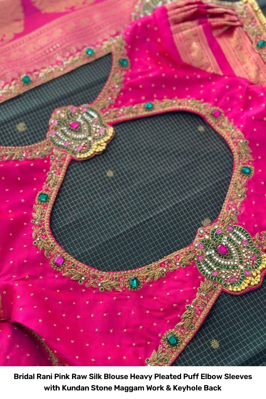 Bridal Rani Pink Raw Silk Blouse – Heavy Pleated Puff Elbow Sleeves with Kundan Stone Maggam Work & Keyhole Back 4