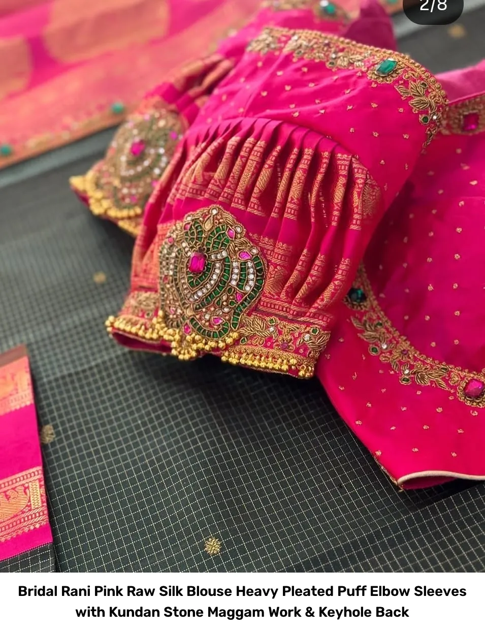 Bridal Rani Pink Raw Silk Blouse – Heavy Pleated Puff Elbow Sleeves with Kundan Stone Maggam Work & Keyhole Back 5