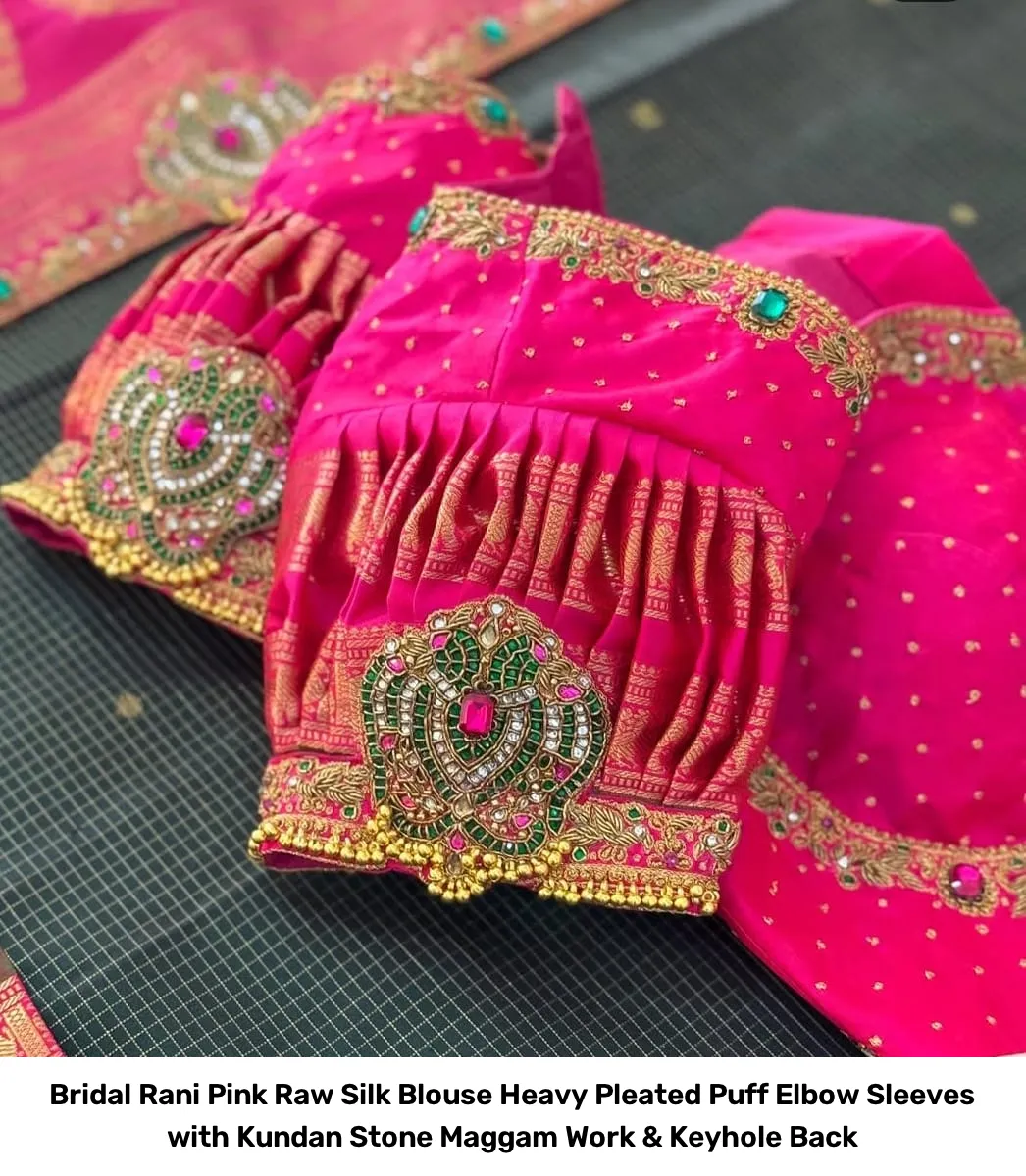 Bridal Rani Pink Raw Silk Blouse – Heavy Pleated Puff Elbow Sleeves with Kundan Stone Maggam Work & Keyhole Back 7