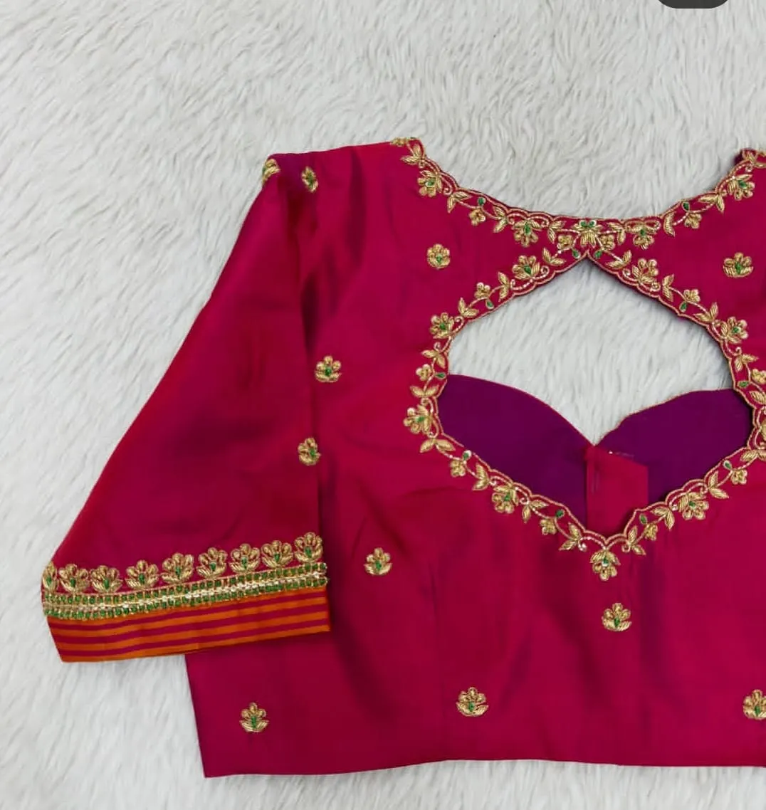 Bridal Rani Pink Silk Saree Blouse – Handcrafted Aari Leaf Embroidery with Circular Cutwork Back Neck
