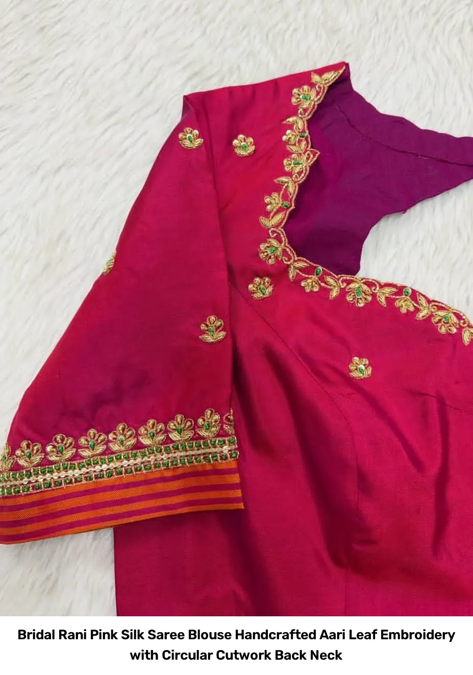 Bridal Rani Pink Silk Saree Blouse – Handcrafted Aari Leaf Embroidery with Circular Cutwork Back Neck 2