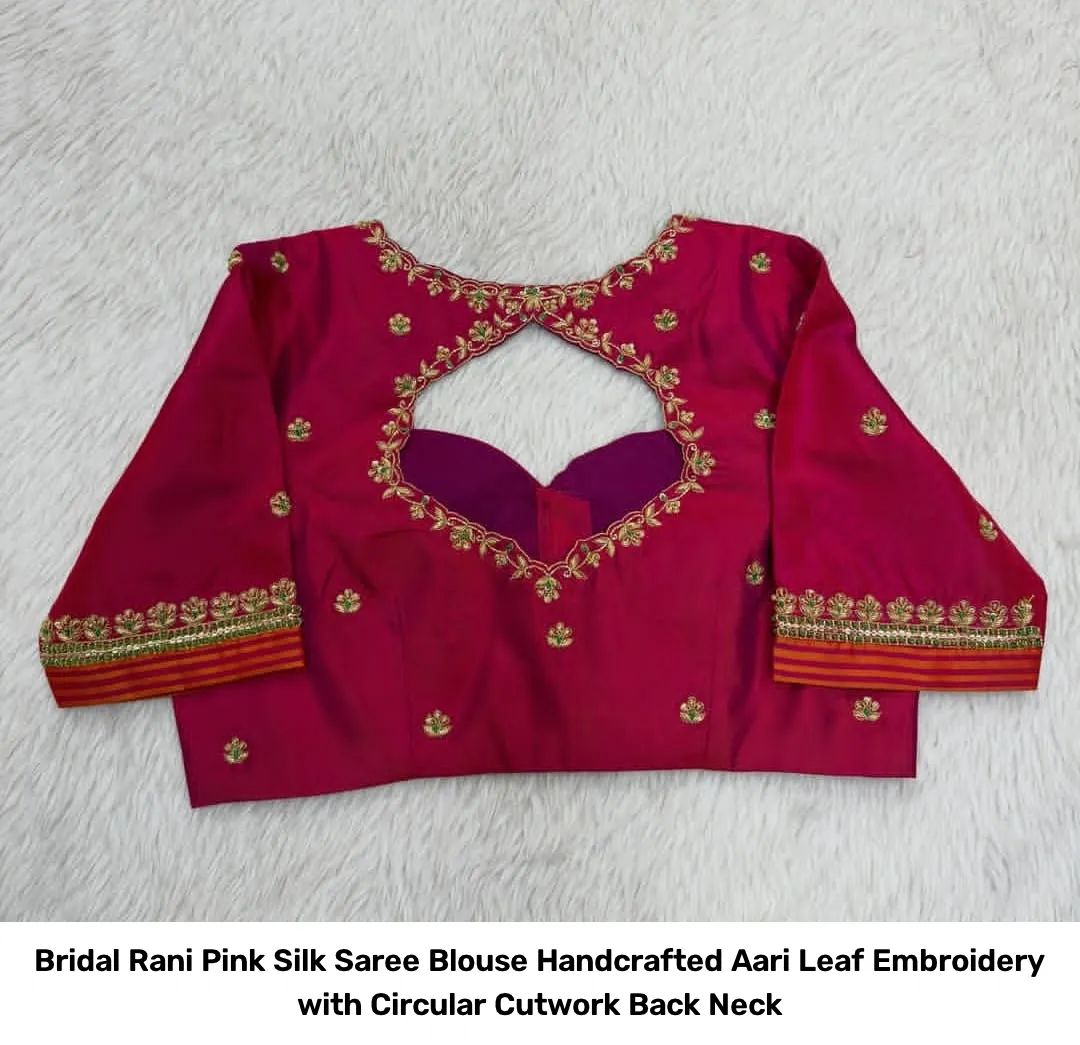 Bridal Rani Pink Silk Saree Blouse – Handcrafted Aari Leaf Embroidery with Circular Cutwork Back Neck 3