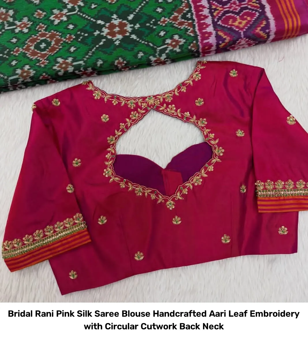 Bridal Rani Pink Silk Saree Blouse – Handcrafted Aari Leaf Embroidery with Circular Cutwork Back Neck 4