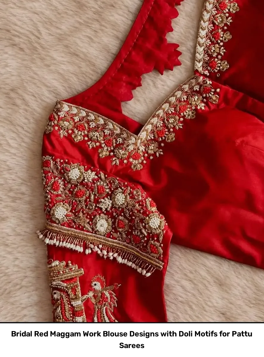 Bridal Red Maggam Work Blouse Designs with Doli Motifs for Pattu Sarees 2