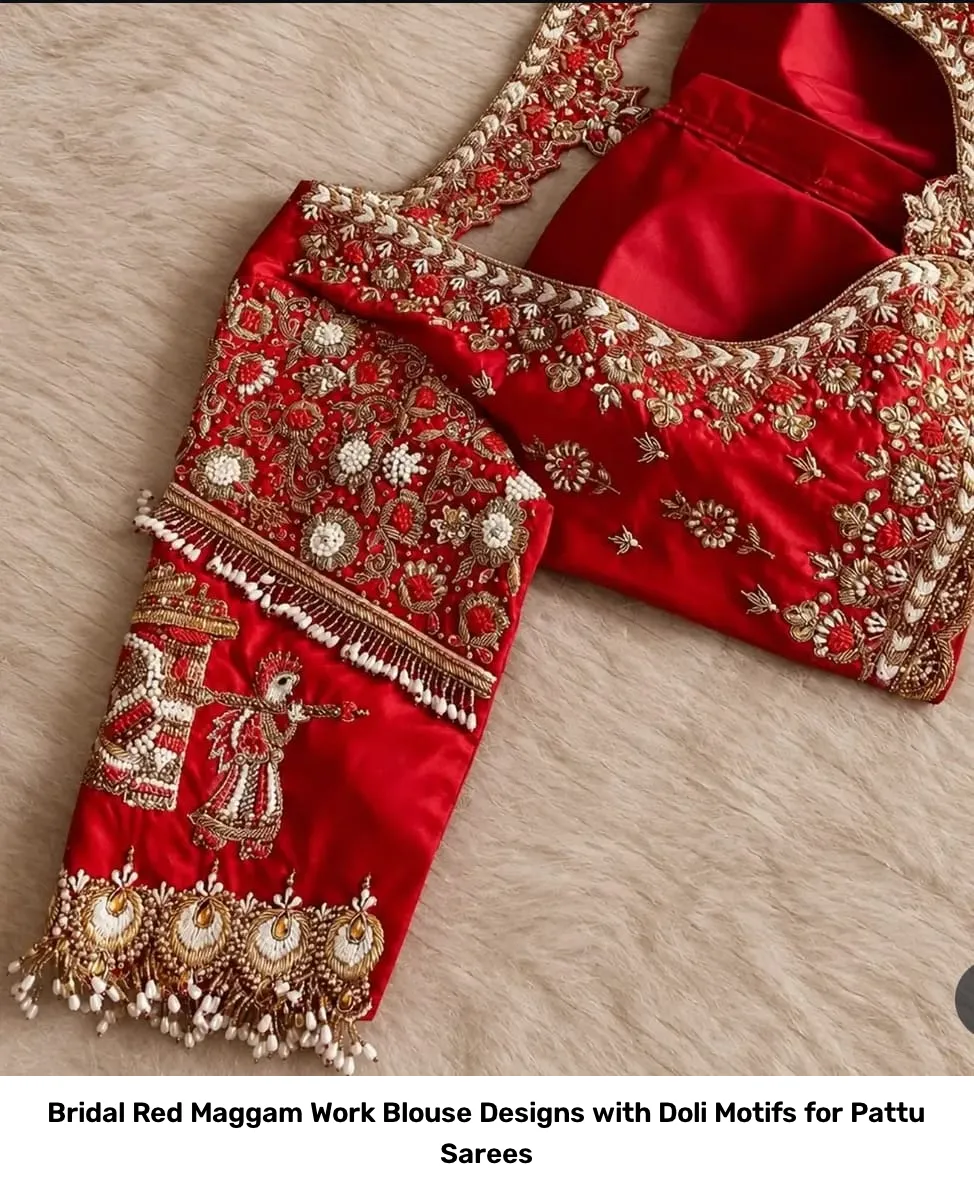 Bridal Red Maggam Work Blouse Designs with Doli Motifs for Pattu Sarees 3