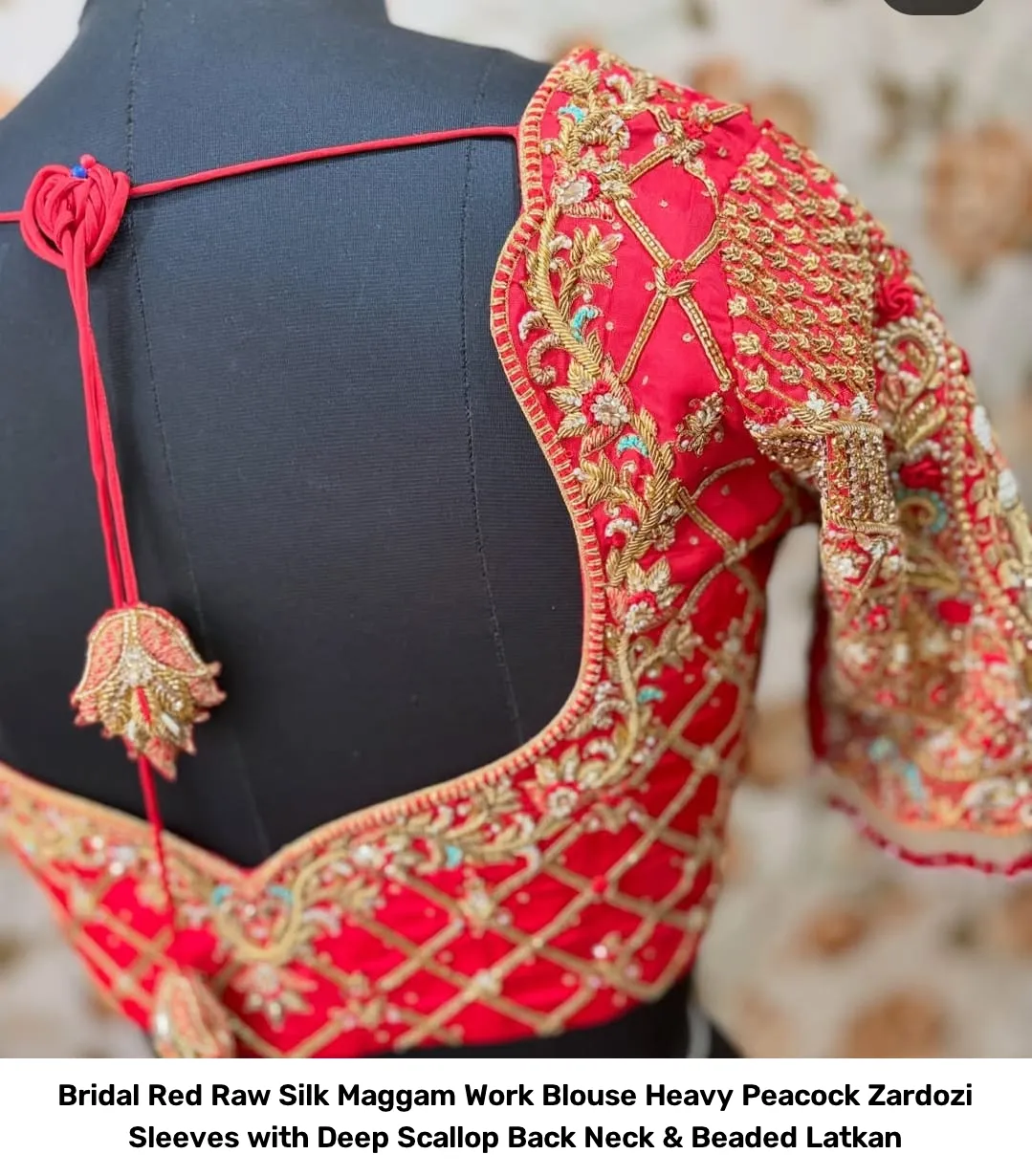 Bridal Red Raw Silk Maggam Work Blouse – Heavy Peacock Zardozi Sleeves with Deep Scallop Back Neck & Beaded Latkan 2
