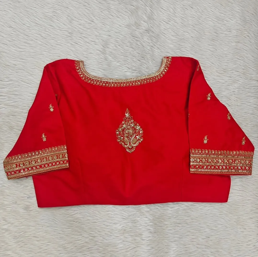 Bridal Red Raw Silk Maggam Work Blouse with Gold Zardosi Center Back Motif & Scalloped Front Neck