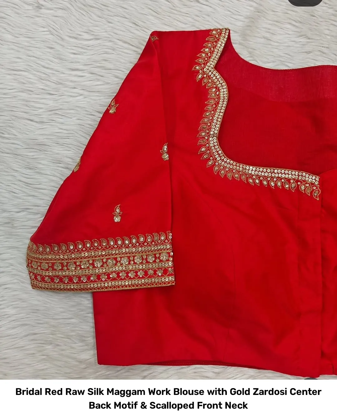 Bridal Red Raw Silk Maggam Work Blouse with Gold Zardosi Center Back Motif & Scalloped Front Neck 2