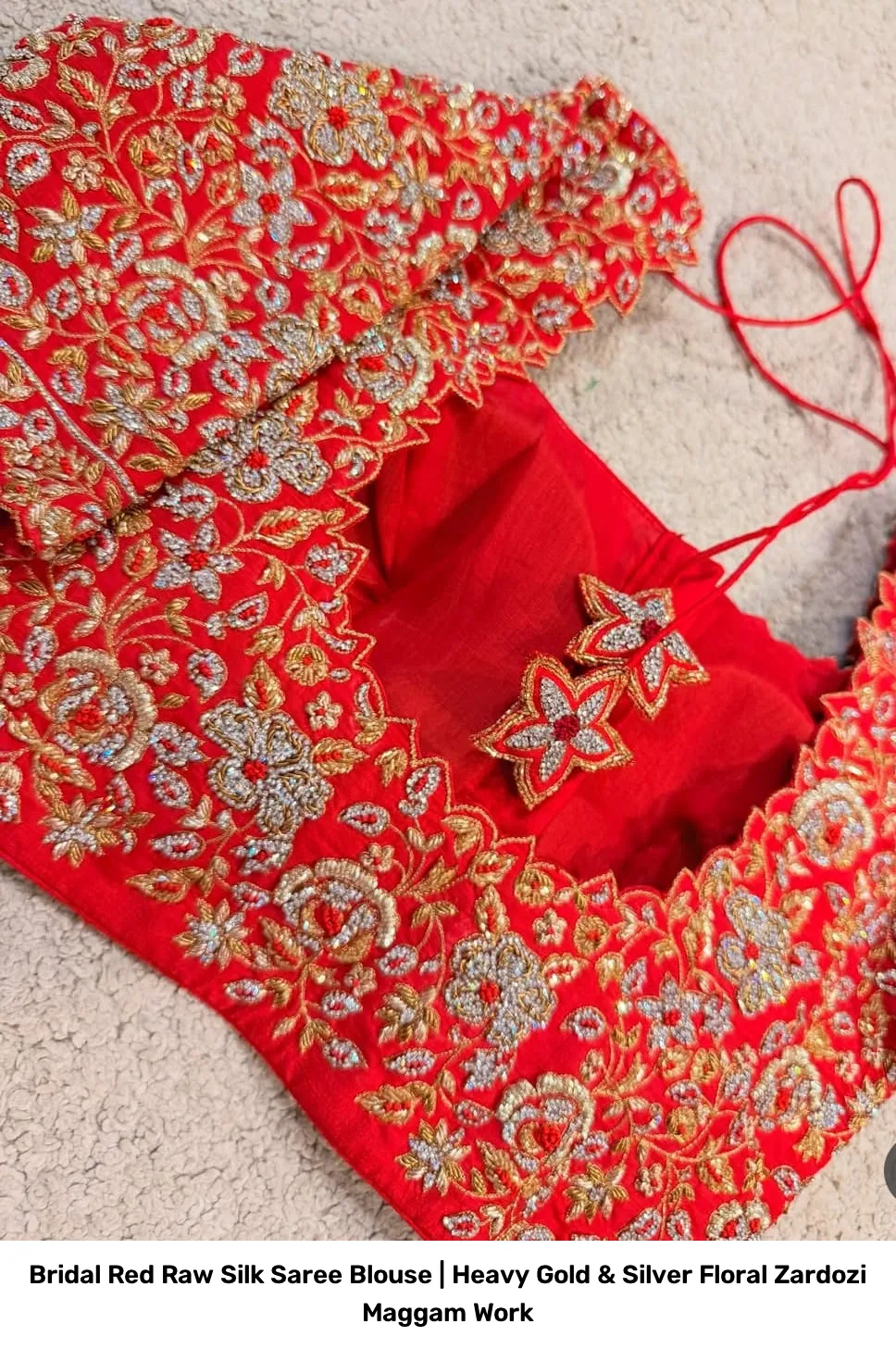 Bridal Red Raw Silk Saree Blouse | Heavy Gold & Silver Floral Zardozi Maggam Work 2