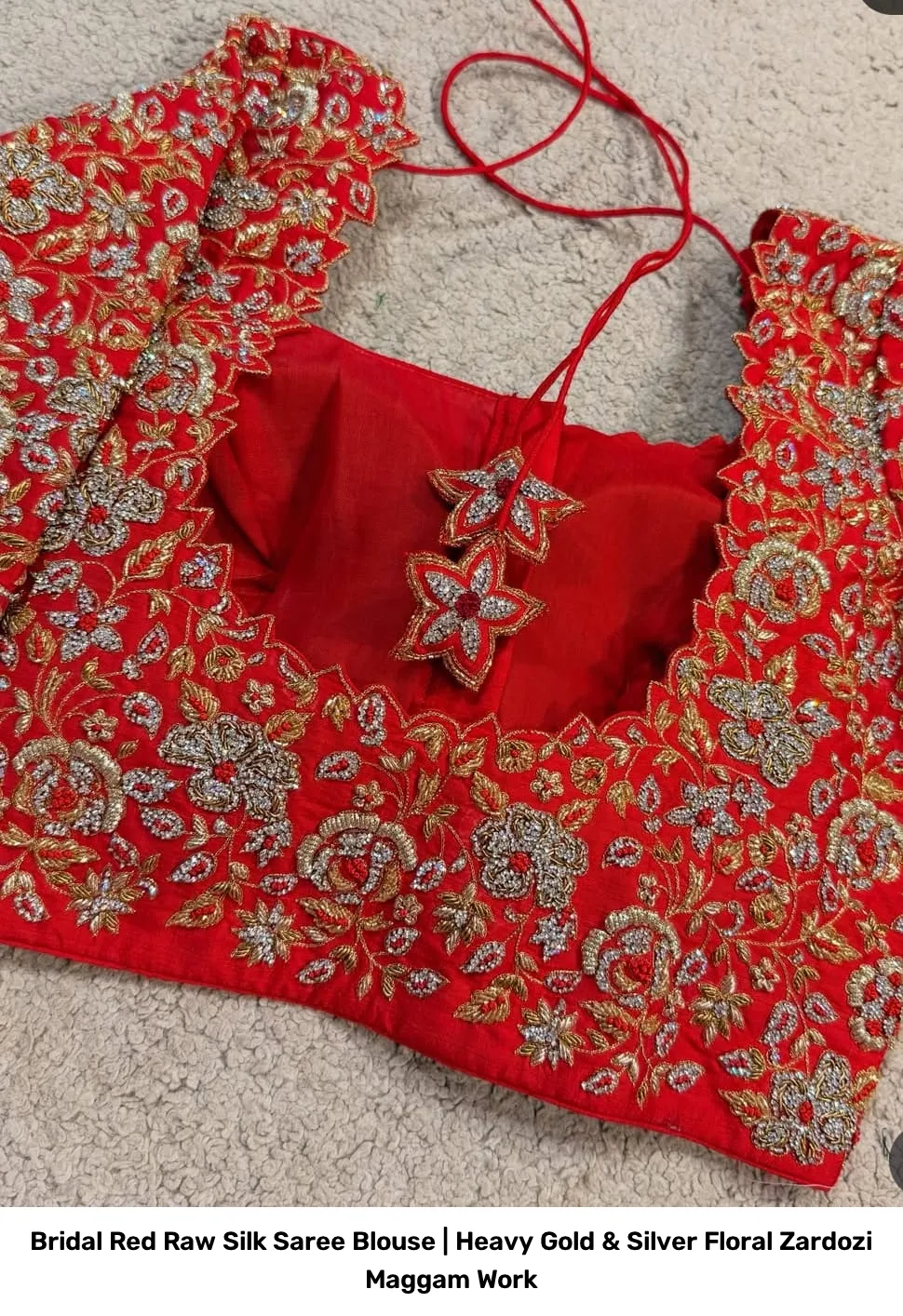 Bridal Red Raw Silk Saree Blouse | Heavy Gold & Silver Floral Zardozi Maggam Work 3