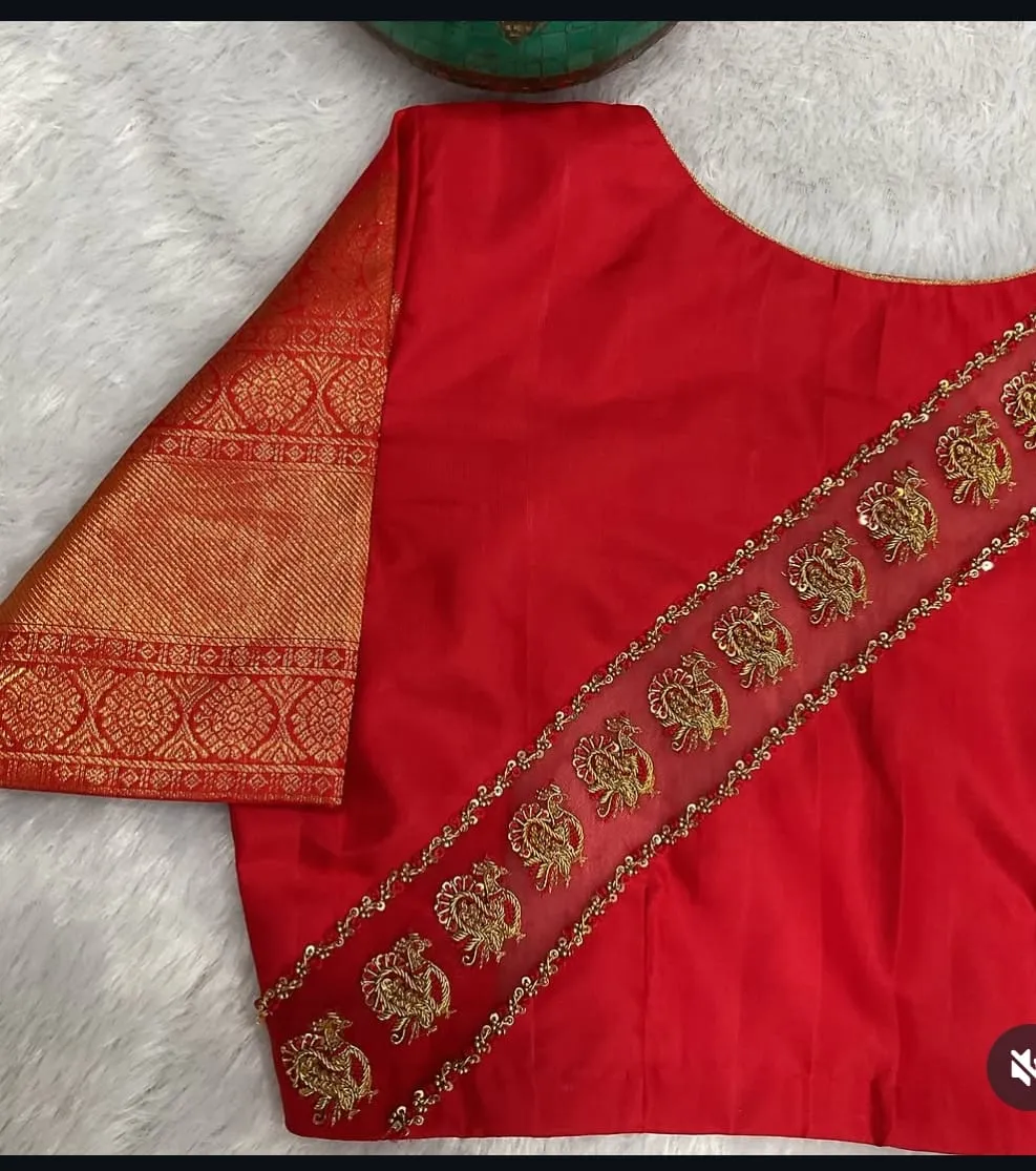 Bridal Red Silk Maggam Work Blouse | Sheer Net Back Panel with Peacock Zardozi Saree Blouse