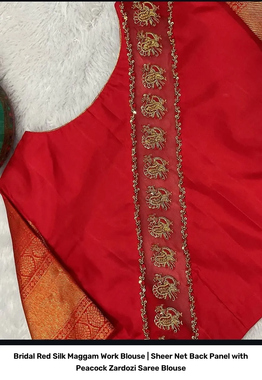 Bridal Red Silk Maggam Work Blouse | Sheer Net Back Panel with Peacock Zardozi Saree Blouse 3