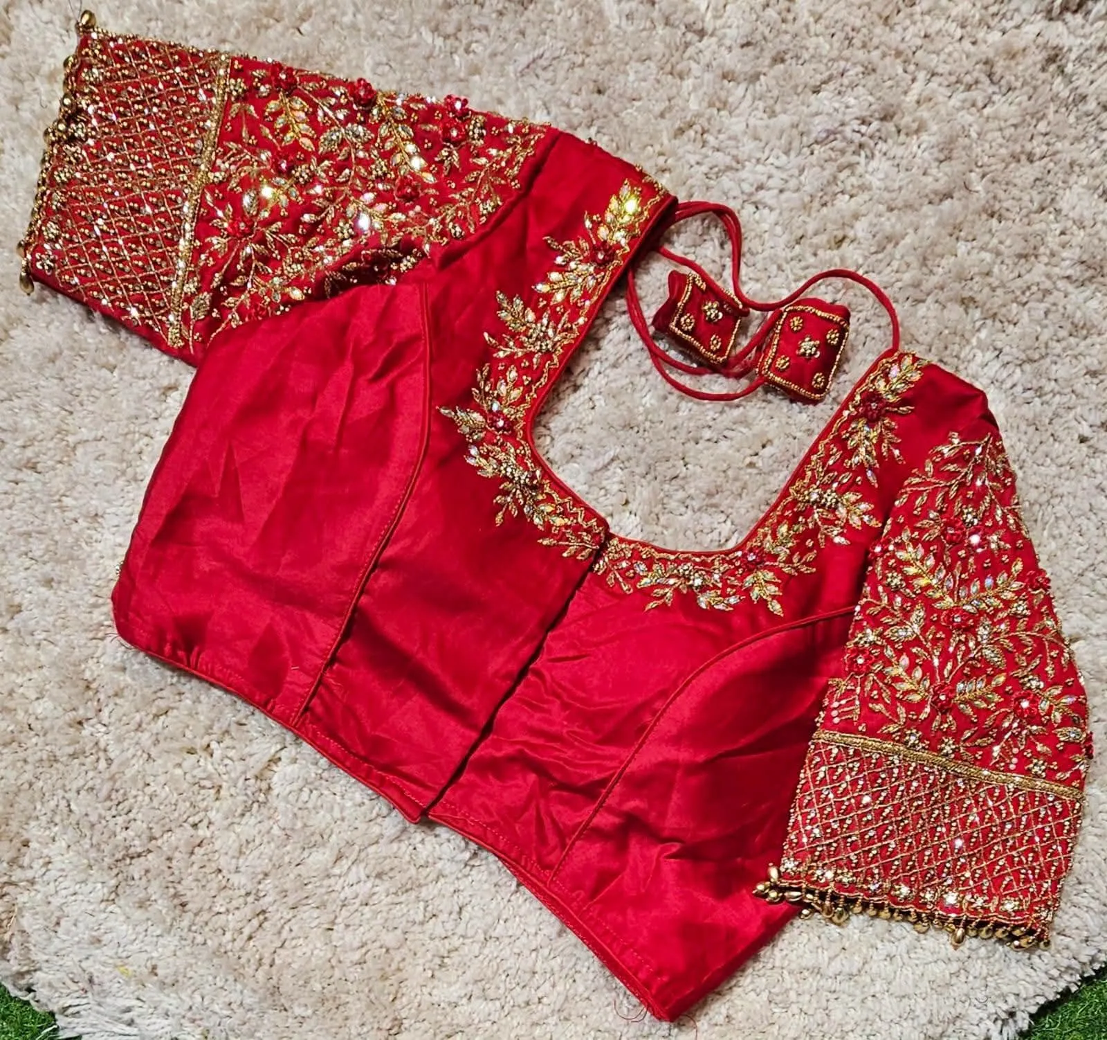 Bridal Red Silk Readymade Saree Blouse with Heavy Maggam Jaal Sleeves, Zardozi Floral Neckline & Beaded Hangings | Designer Wedding Blouse