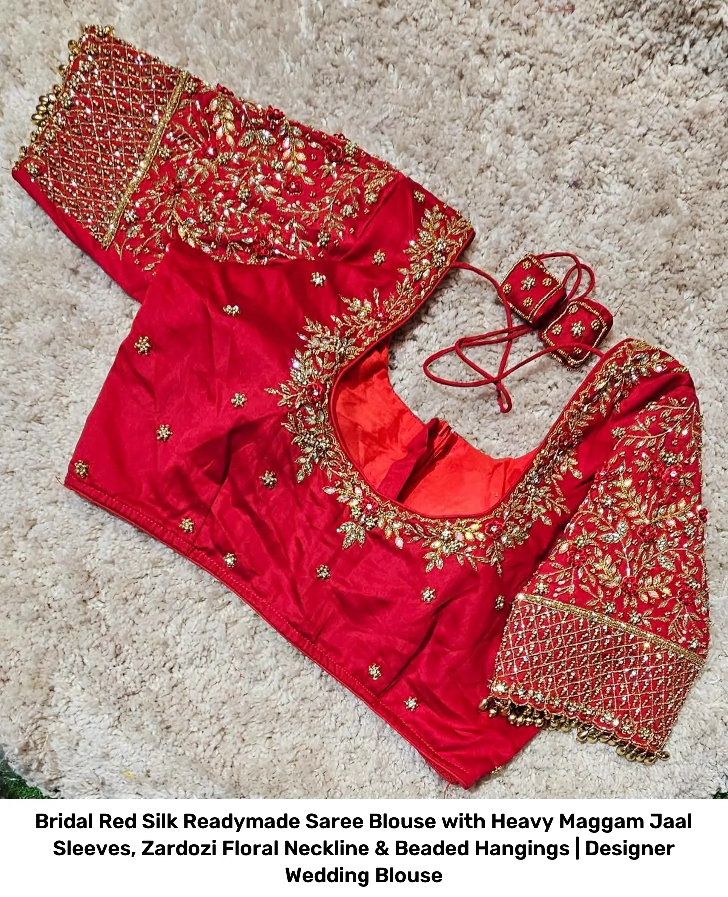 Bridal Red Silk Readymade Saree Blouse with Heavy Maggam Jaal Sleeves, Zardozi Floral Neckline & Beaded Hangings | Designer Wedding Blouse 2