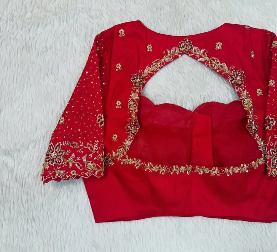 Bridal Red Silk Saree Blouse – Handcrafted Floral Vine Aari Embroidery with Scallop Border & Cutwork Back