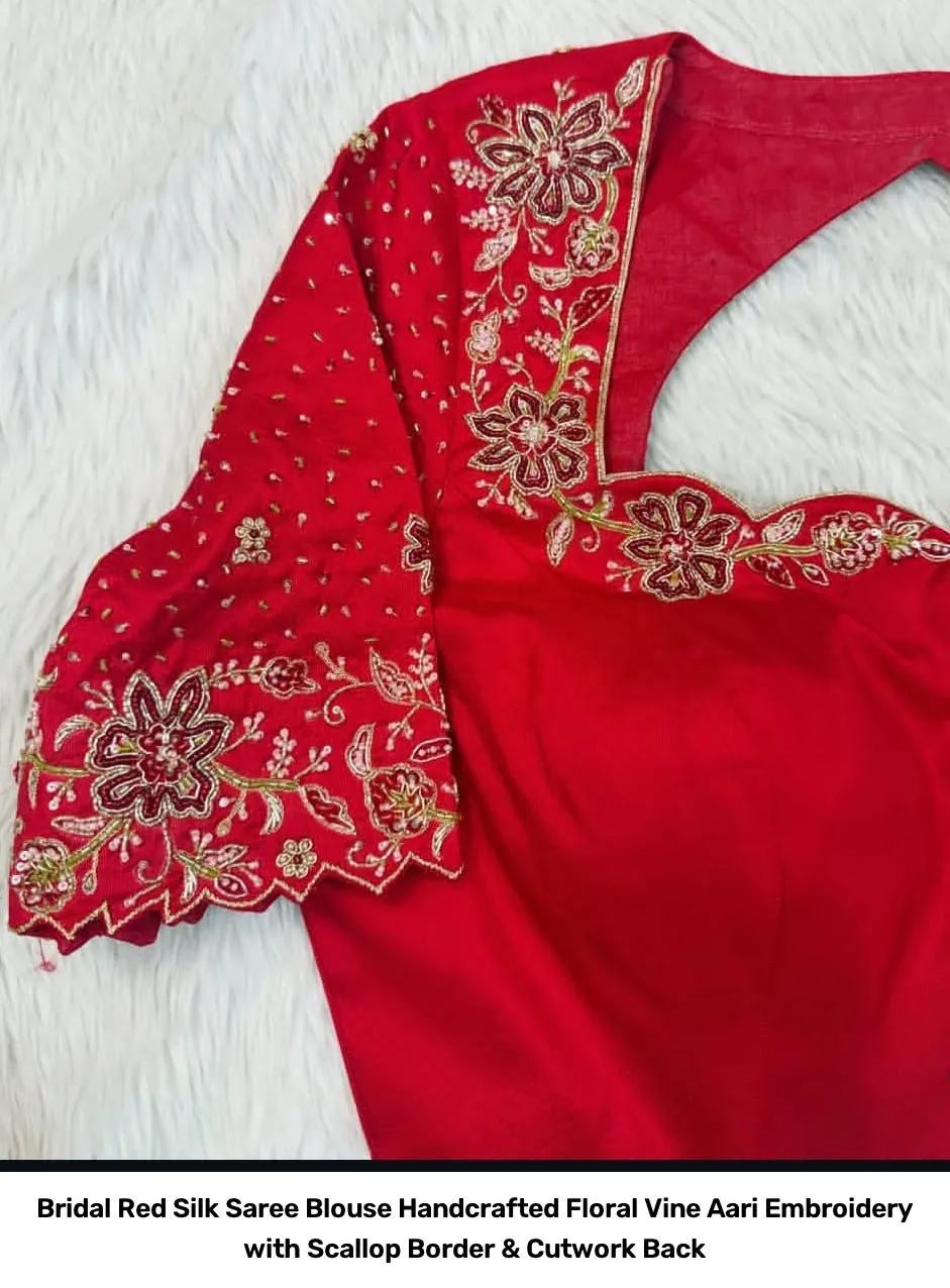 Bridal Red Silk Saree Blouse – Handcrafted Floral Vine Aari Embroidery with Scallop Border & Cutwork Back 2