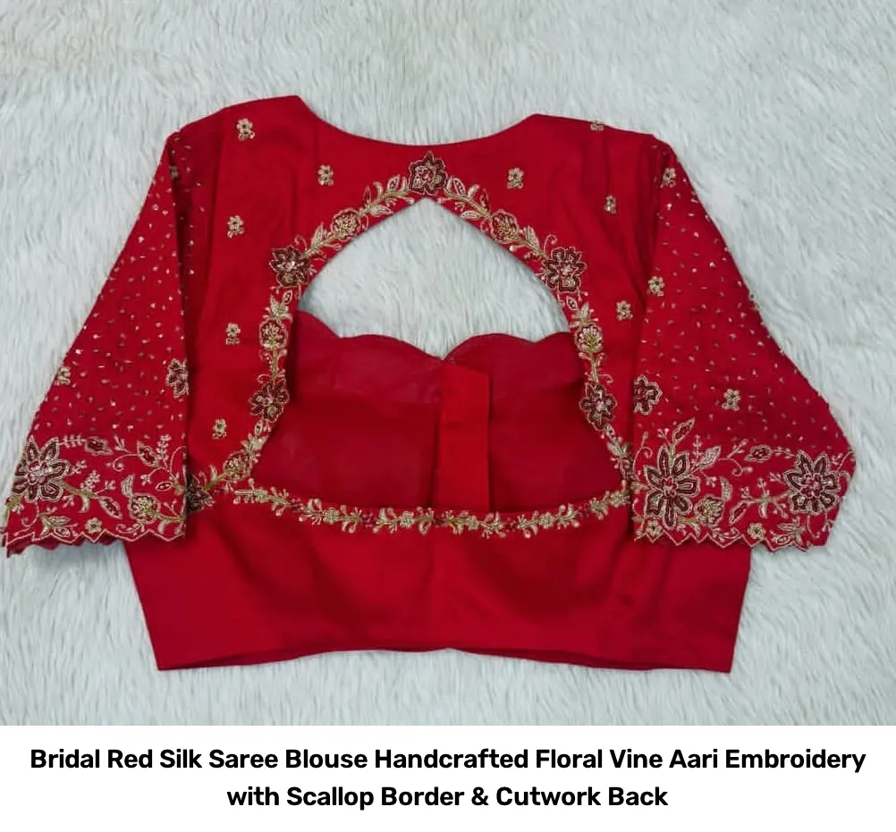 Bridal Red Silk Saree Blouse – Handcrafted Floral Vine Aari Embroidery with Scallop Border & Cutwork Back 3