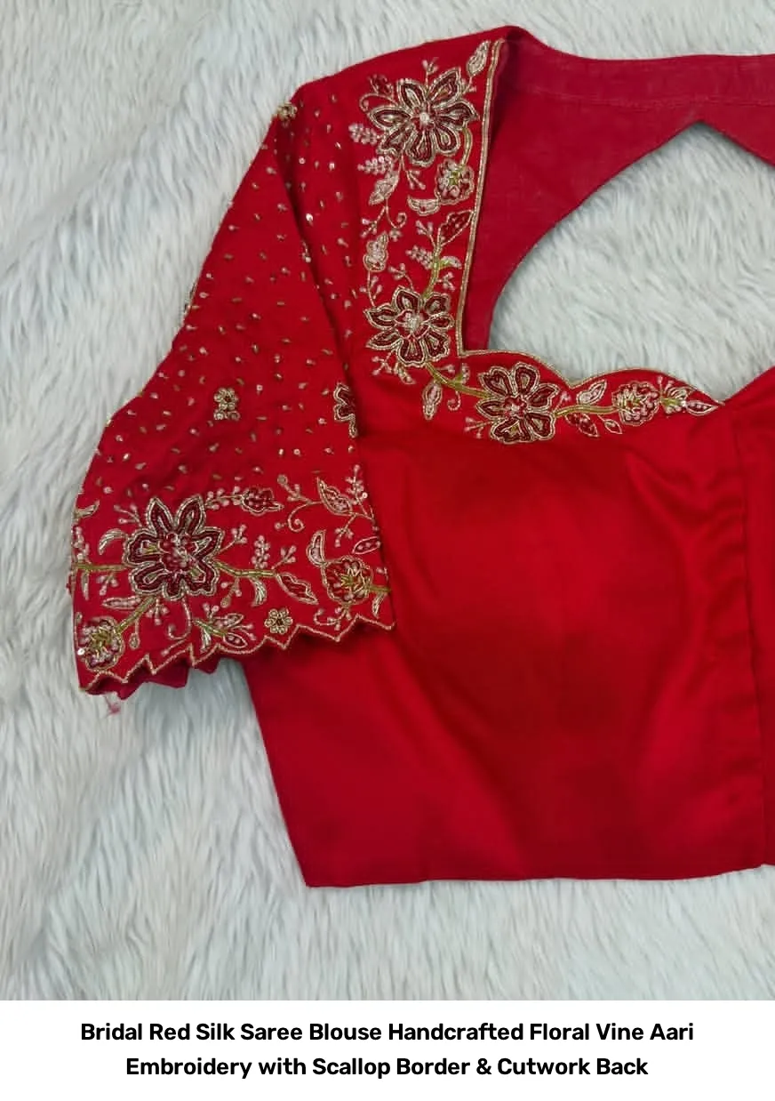 Bridal Red Silk Saree Blouse – Handcrafted Floral Vine Aari Embroidery with Scallop Border & Cutwork Back 5