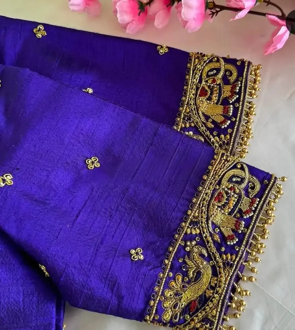Bridal Silk Aari Work Blouse Piece – Royal Blue