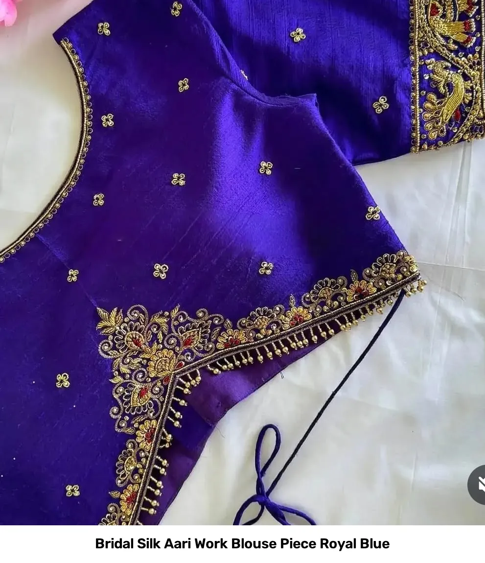 Bridal Silk Aari Work Blouse Piece – Royal Blue 2