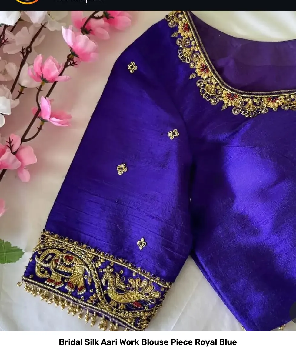 Bridal Silk Aari Work Blouse Piece – Royal Blue 3